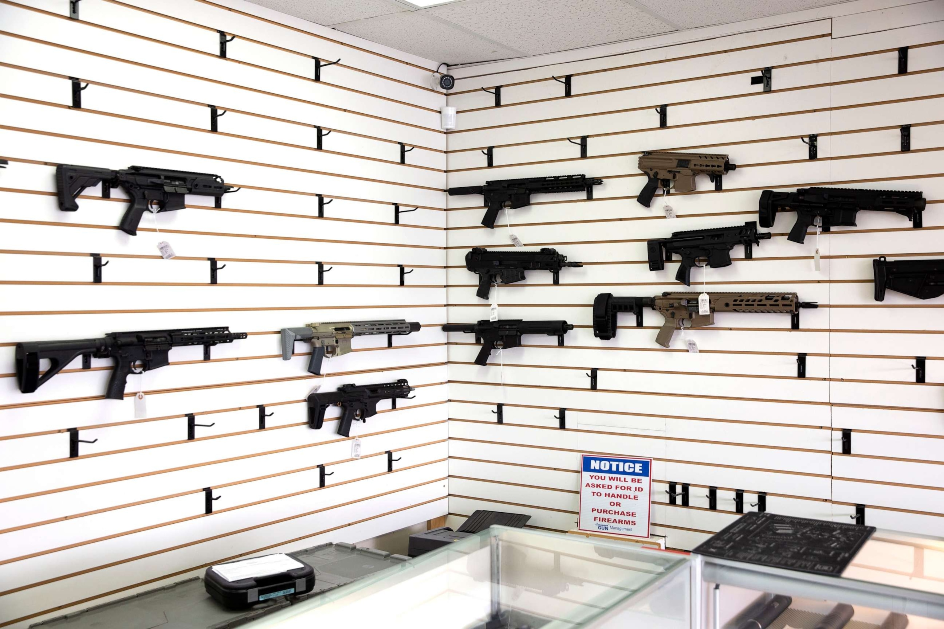 PHOTO: Gun racks are mostly empty at Lynnwood Gun on April 2, 2020 in Lynnwood, Wash.