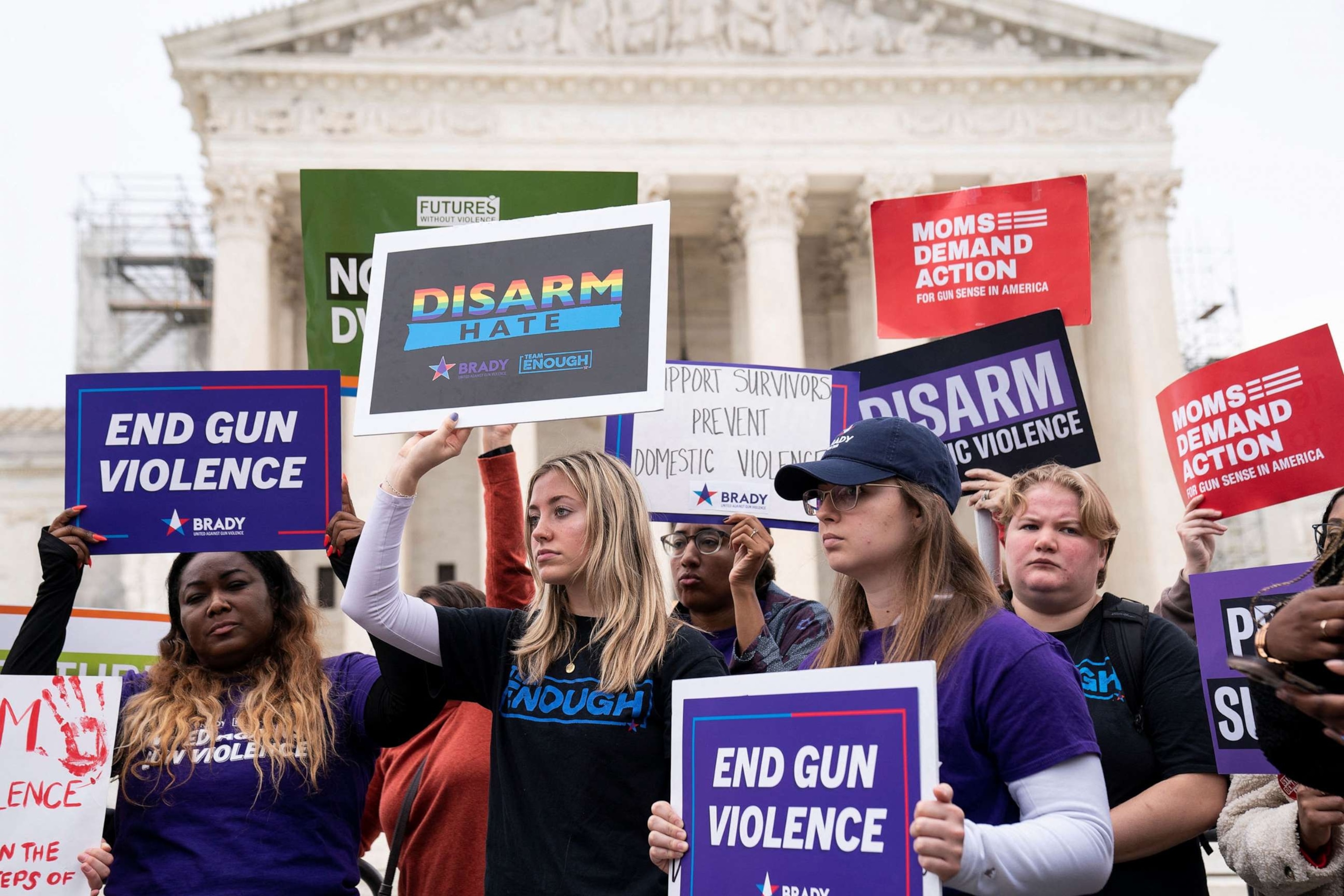 PHOTO: People participate in a demonstration as the Supreme Court considers legality of domestic-violence gun curbs at the Supreme Court in Washington, D.C., on Nov. 7, 2023.