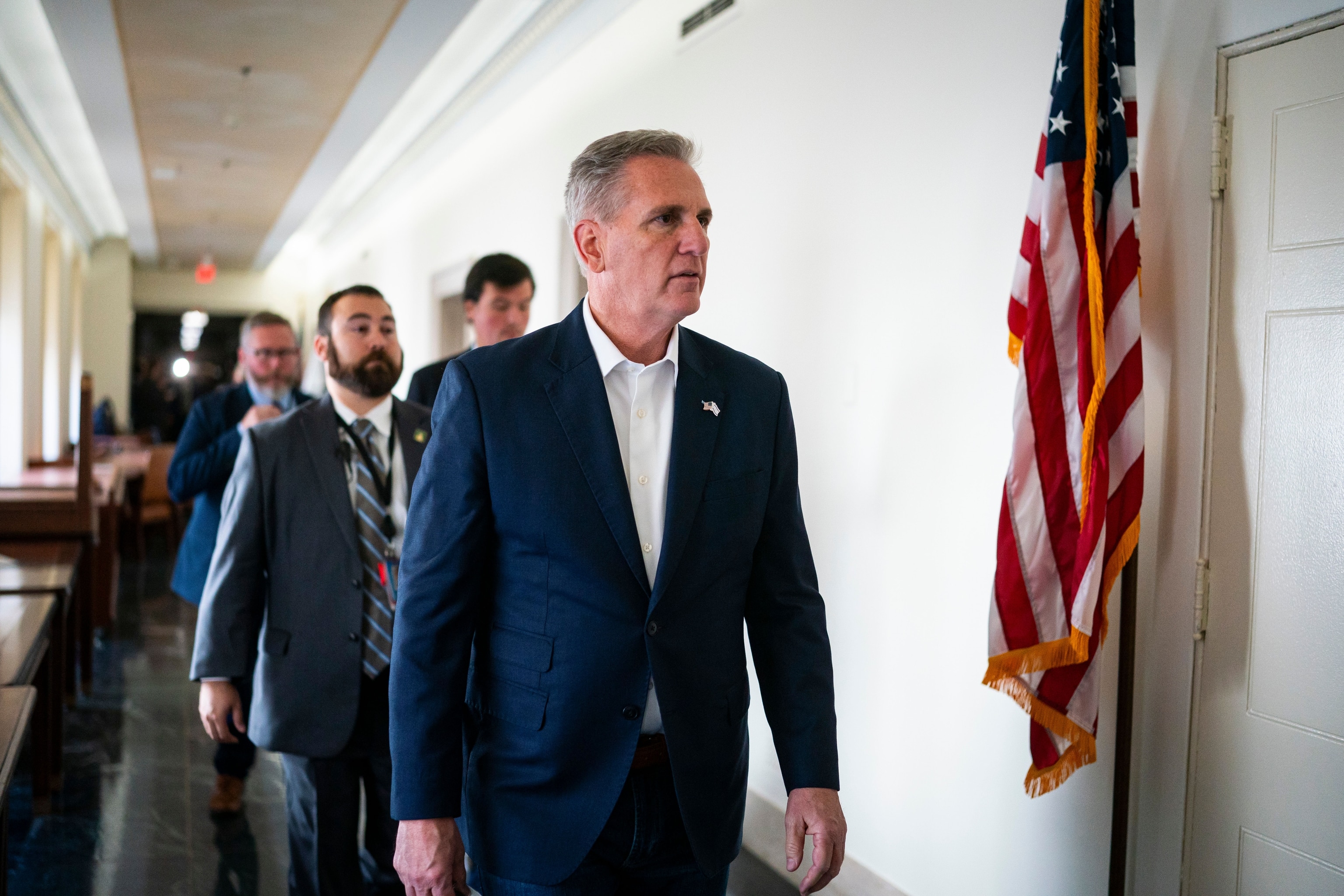 PHOTO: Representative Kevin McCarthy, a Republican from California, departs following a House Republican caucus meeting on Capitol Hill in Washington, DC, Oct. 13, 2023. 