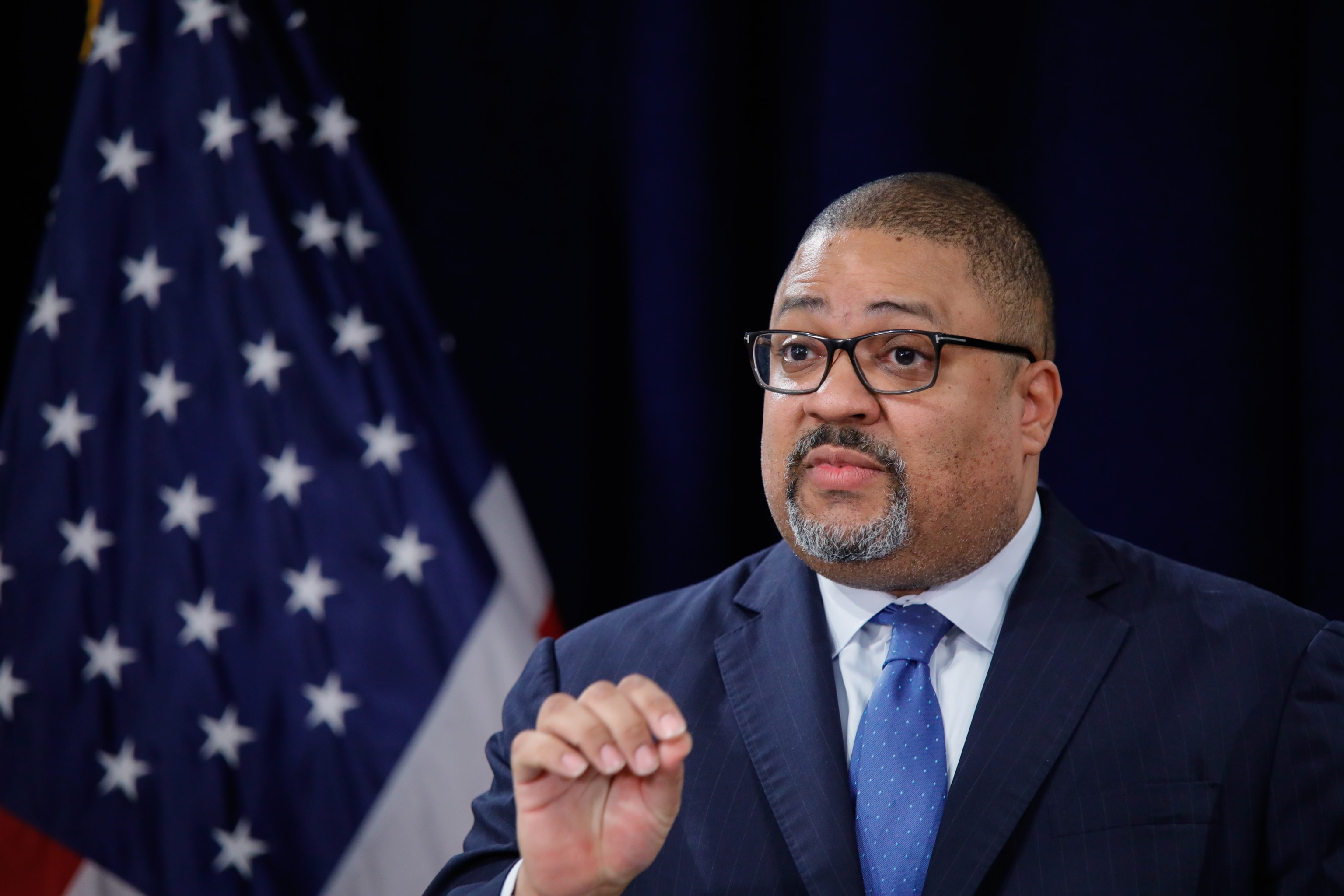 PHOTO: Manhattan District Attorney Alvin Bragg speaks during a press conference following the arraignment of former U.S. President Donald Trump April 4, 2023 in New York City. 