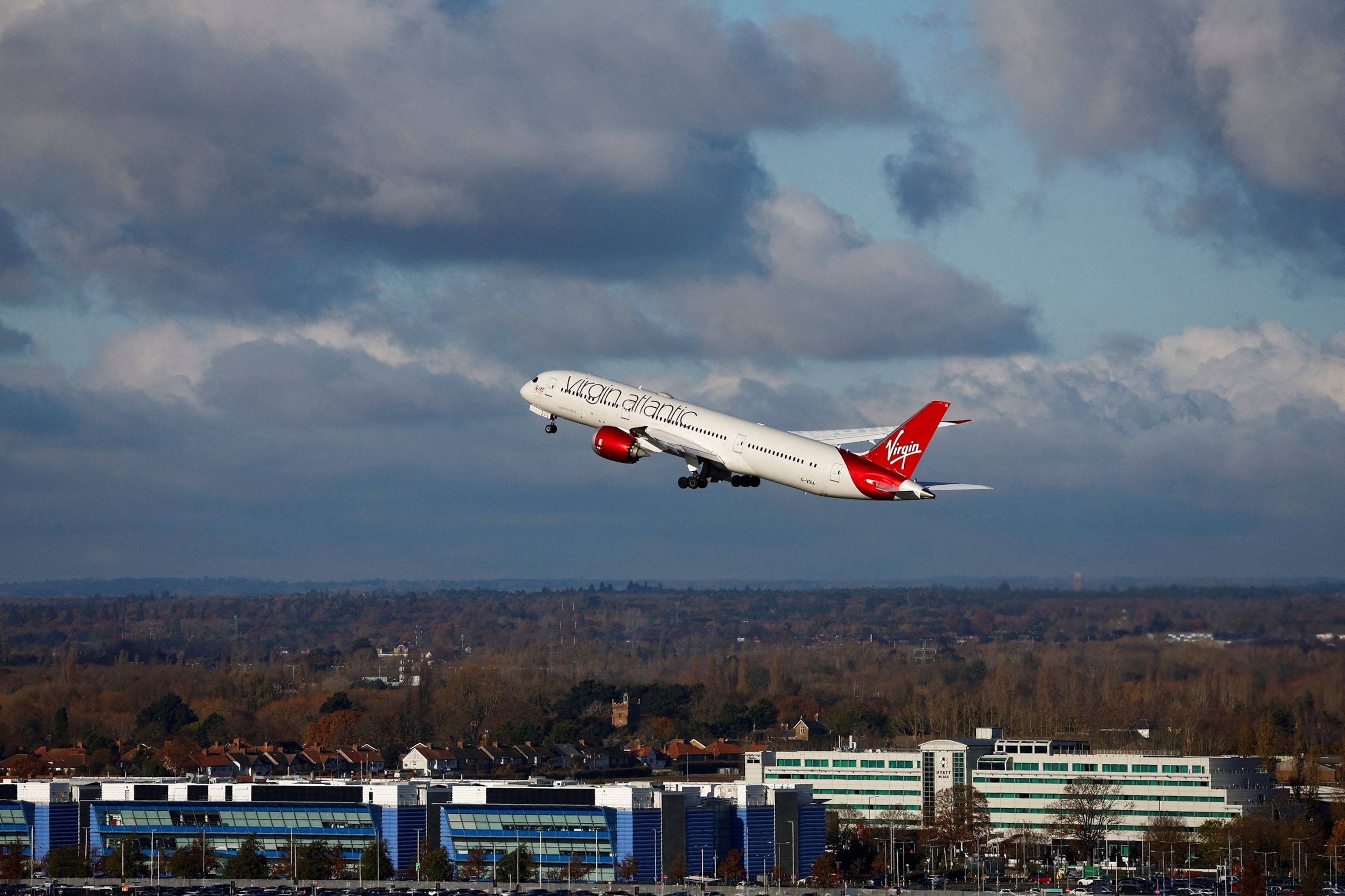 PHOTO: A Virgin Atlantic Boeing 787, performing the first 100% Sustainable Aviation Fuel transatlantic flight to John F. Kennedy International Airport in New York, takes off from Heathrow airport on Nov. 28, 2023 in London.