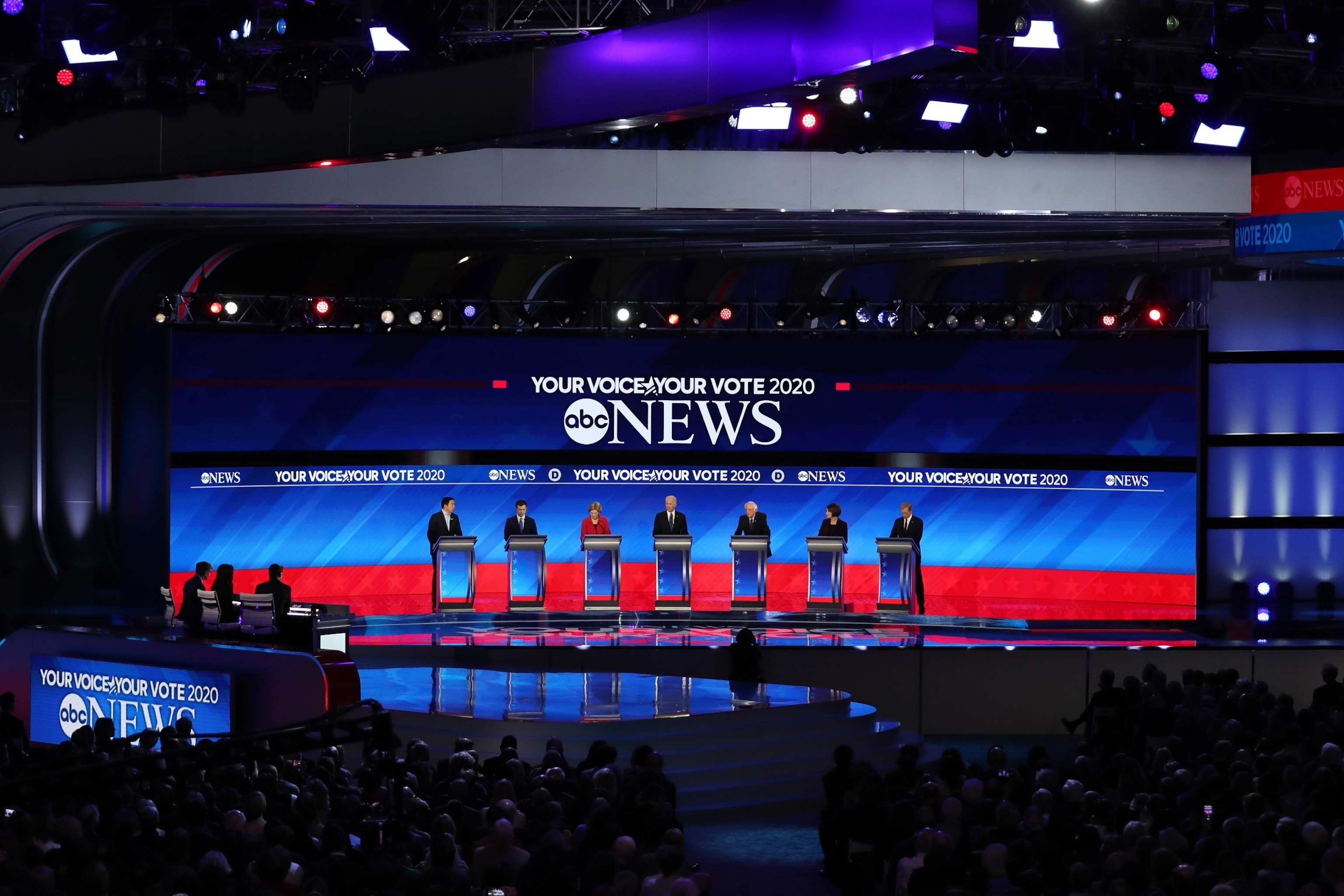 PHOTO: Democratic presidential candidates Yang, Buttigieg, Sanders (I-VT), Biden, Warren (D-MA). Klobuchar (D-MN), and Steyer participate in the presidential primary debate in the Sullivan Arena at St. Anselm College on Feb. 07, 2020 in Manchester, N. H.