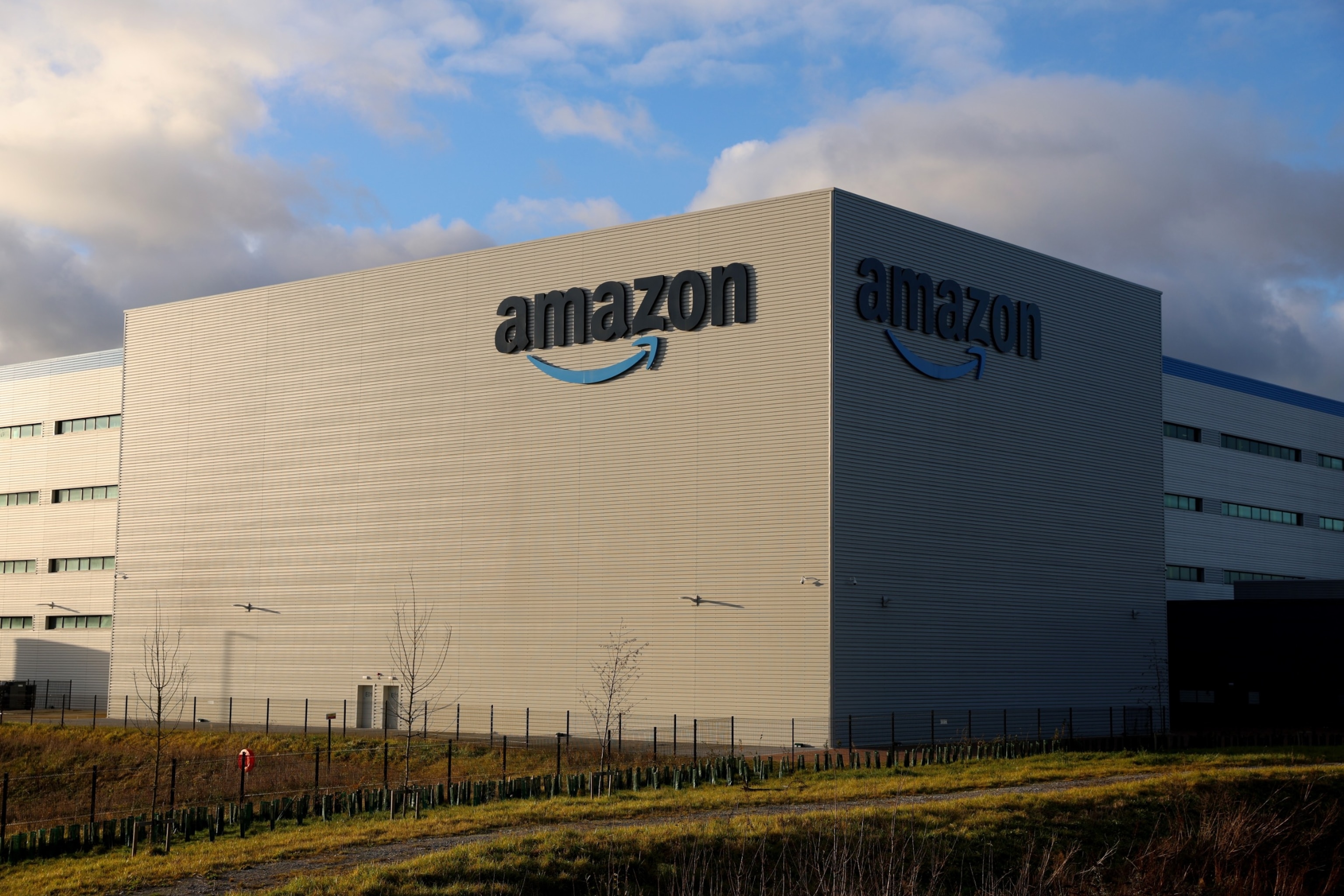PHOTO: A general view outside an Amazon UK Services Ltd Warehouse at Leeds Distribution Park, Dec. 13, 2023, in Leeds, United Kingdom. 