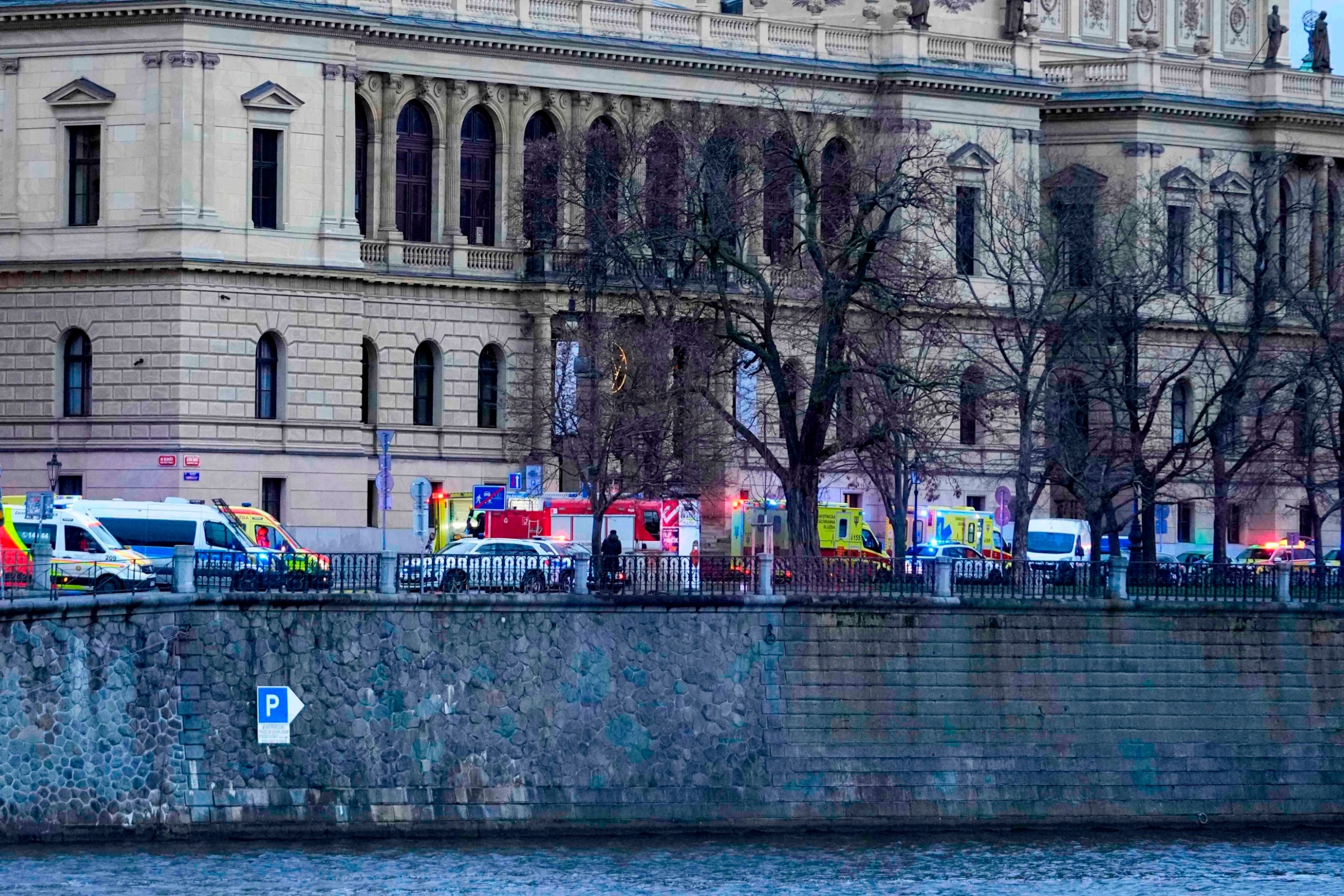 PHOTO: Police officers secure an area after a shooting in downtown Prague, Czech Republic, Dec. 21, 2023. 