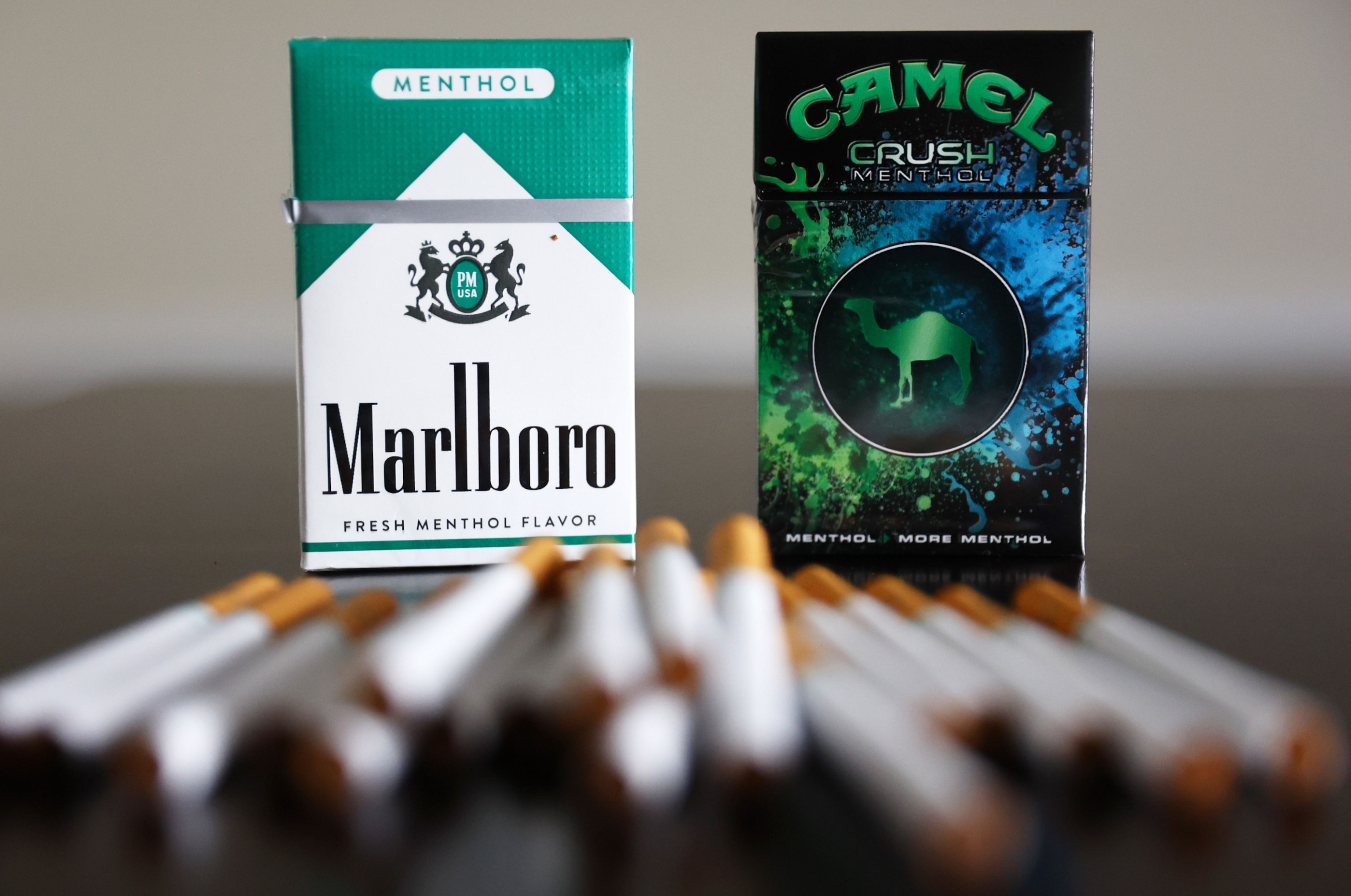 PHOTO: Menthol cigarettes sit on a table on April 28, 2022 in Los Angeles, California.