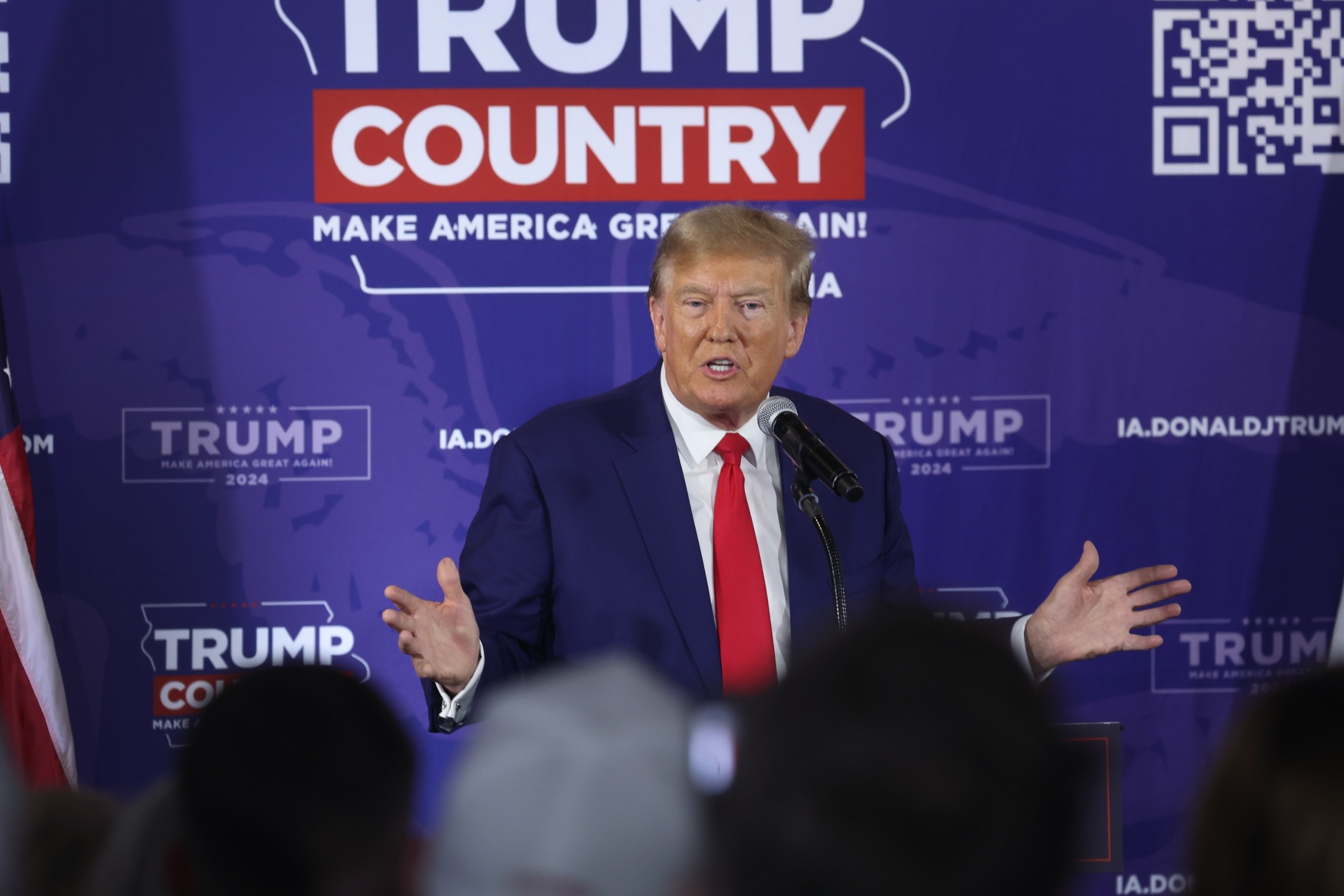 PHOTO: Republican presidential candidate former President Donald Trump speaks at a commit to caucus campaign event at the Whiskey River bar, Dec. 2, 2023, in Ankeny, Iowa.