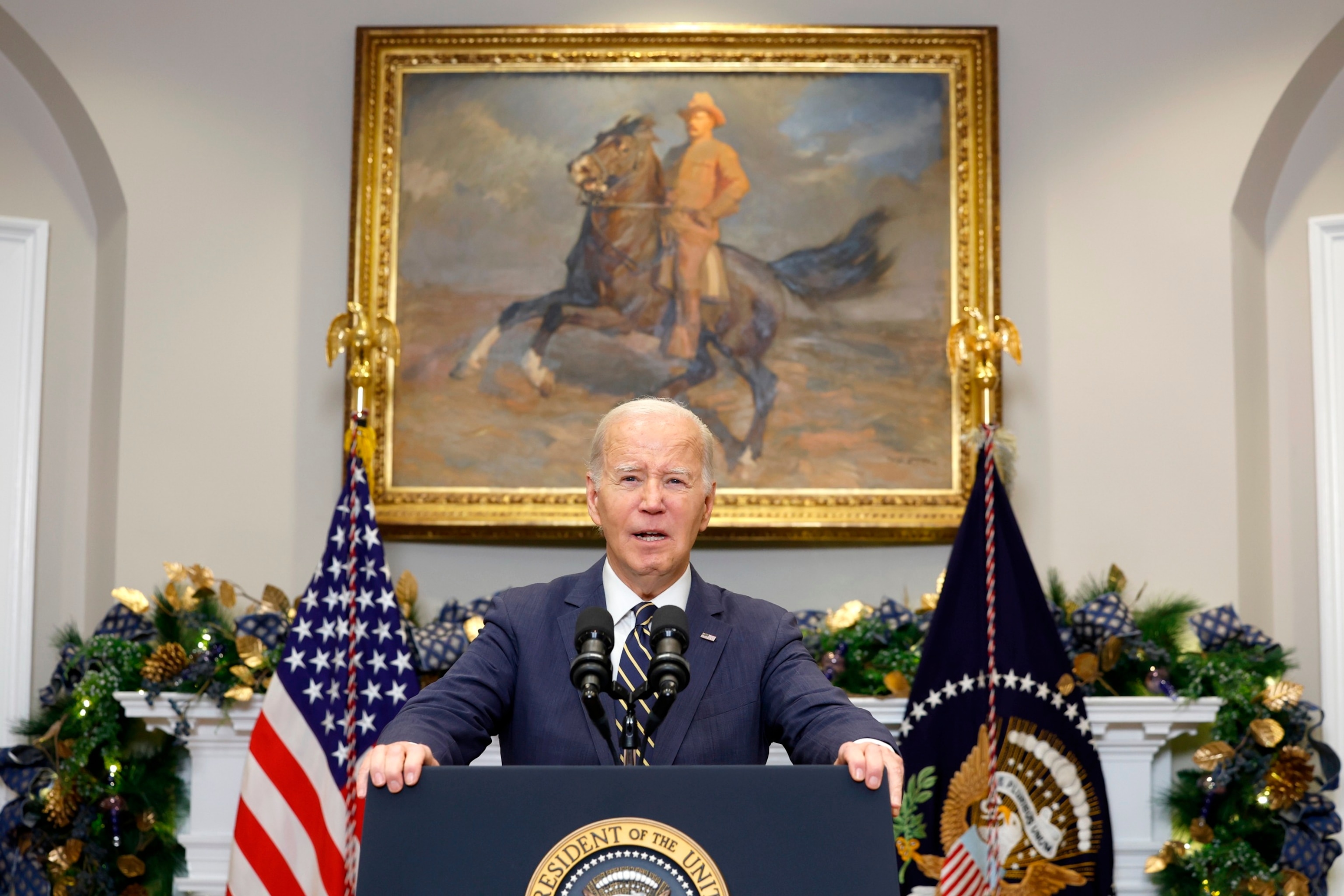 PHOTO: President Joe Biden delivers a statement urging Congress to pass his national security supplemental from the Roosevelt Room at the White House, Dec. 6, 2023.