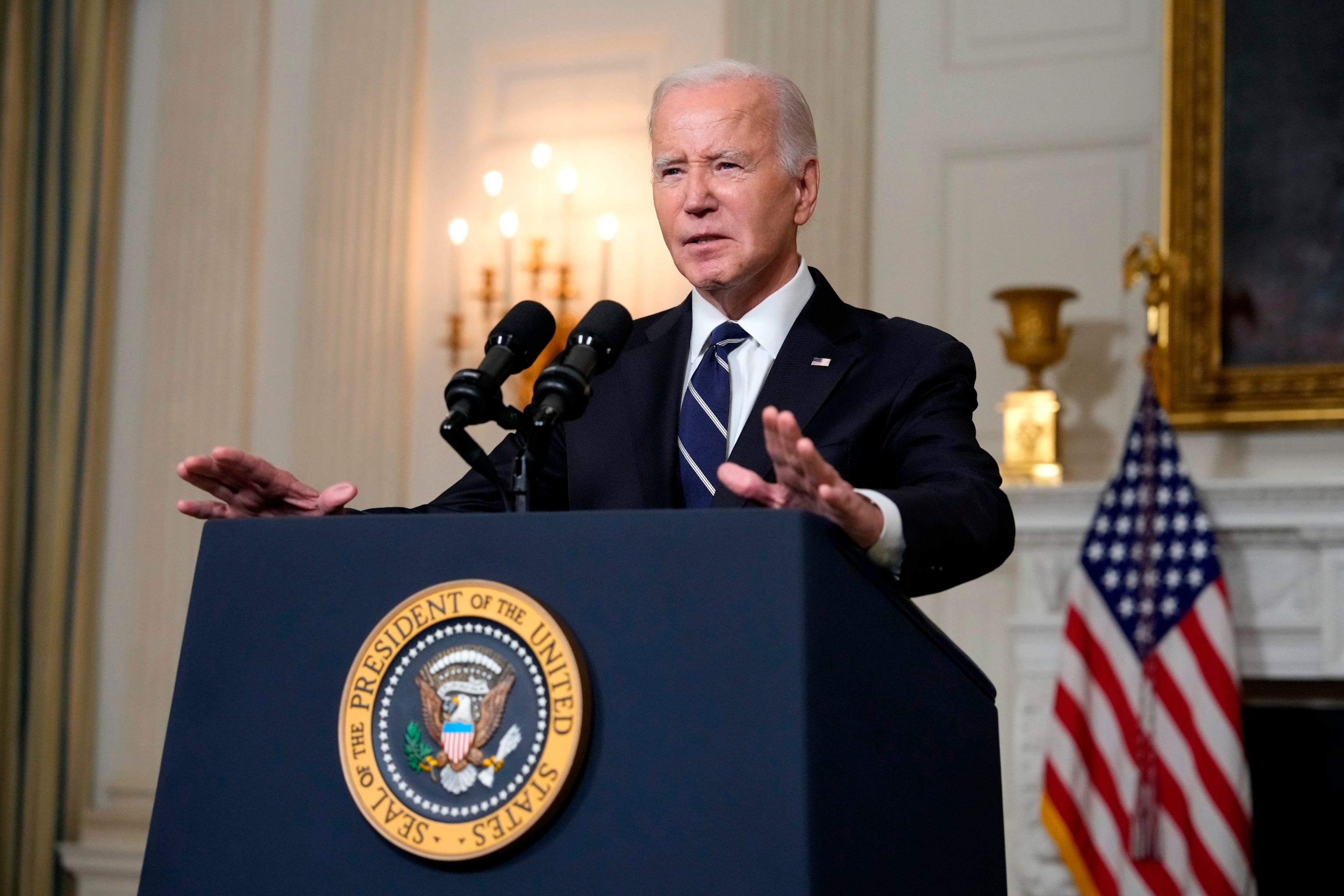 PHOTO: President Joe Biden delivers remarks on the Hamas terrorist attacks in Israel in the State Dining Room of the White House, Oct. 10, 2023.