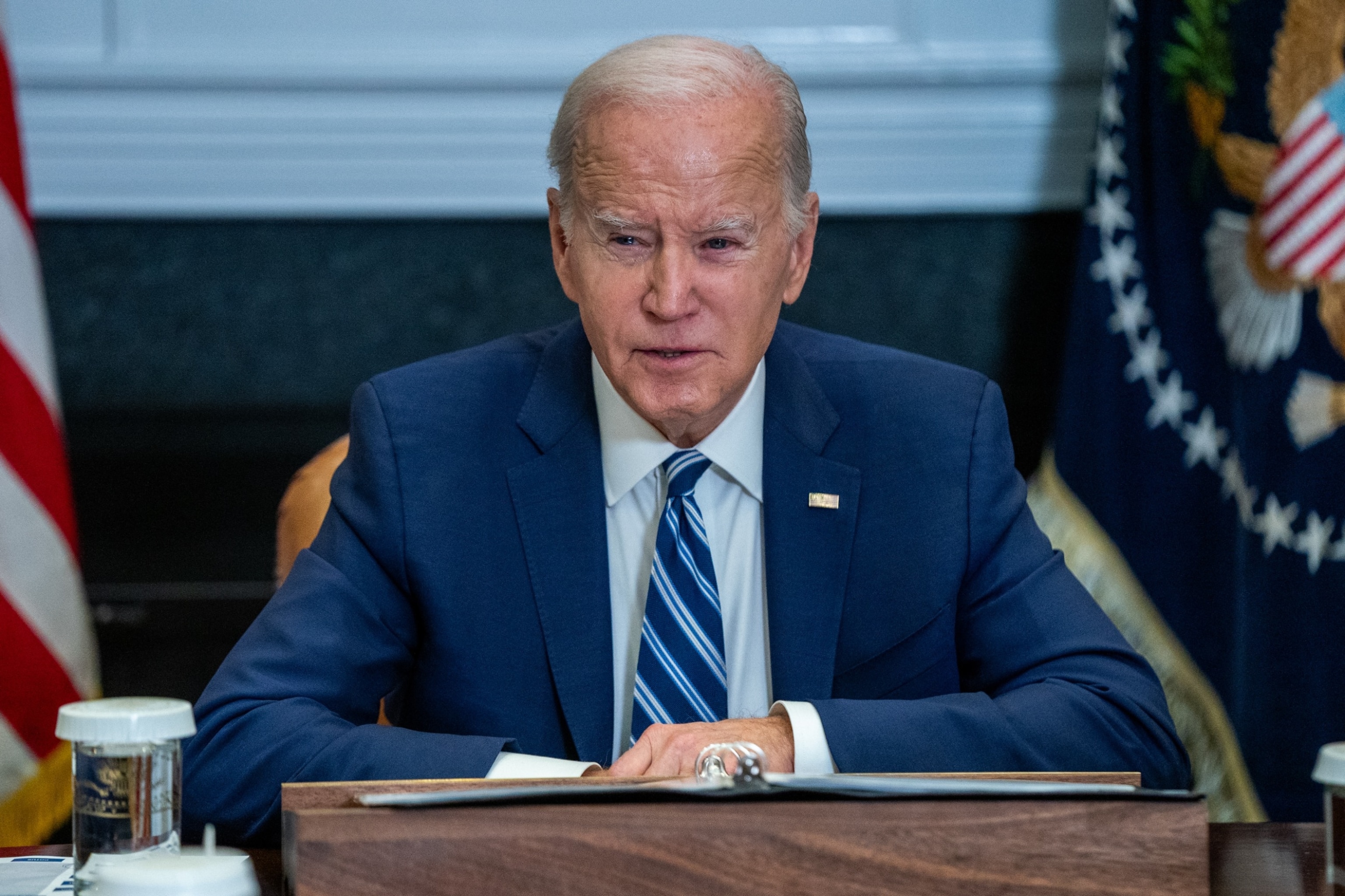 PHOTO: US President Joe Biden during a meeting to accelerate efforts to counter the flow of fentanyl into the United States in the Roosevelt Room of the White House in Washington, DC, on Nov. 21, 2023. 