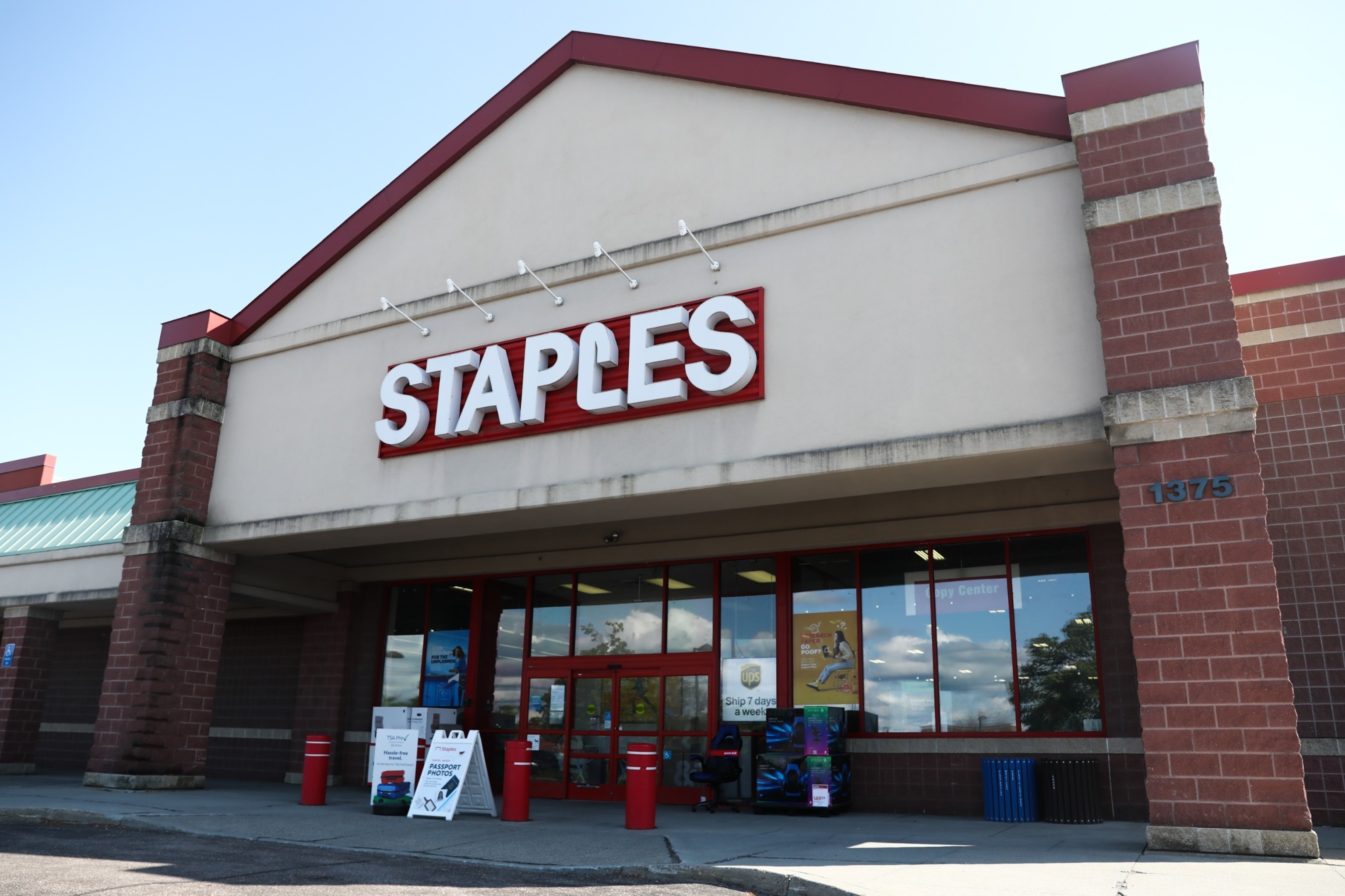 PHOTO: A Staples store is seen on the shop in Williston, Vt., June 19, 2023.