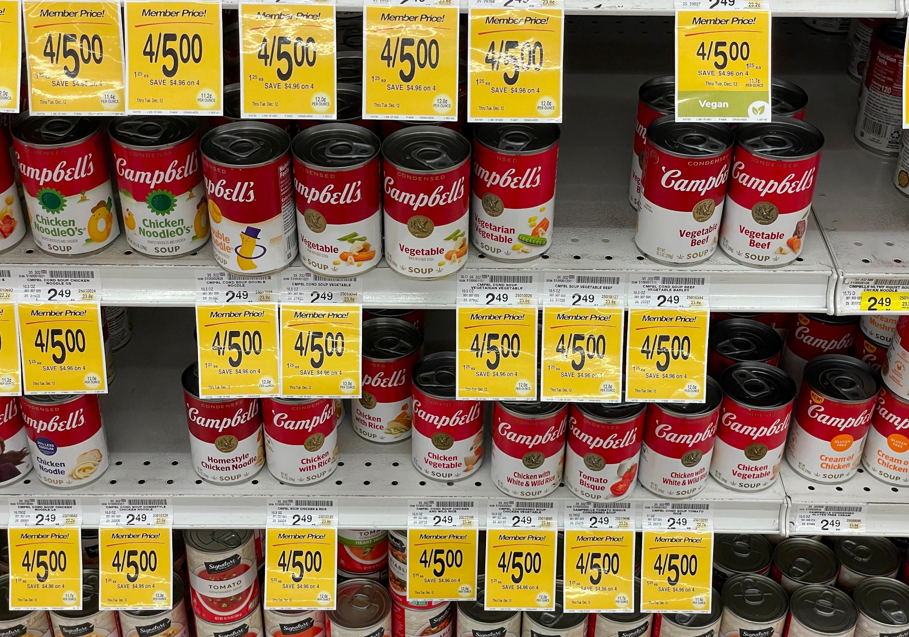 PHOTO: Prices are displayed next to cans of soup at a grocery store, Dec. 12, 2023, in San Anselmo, Calif. 