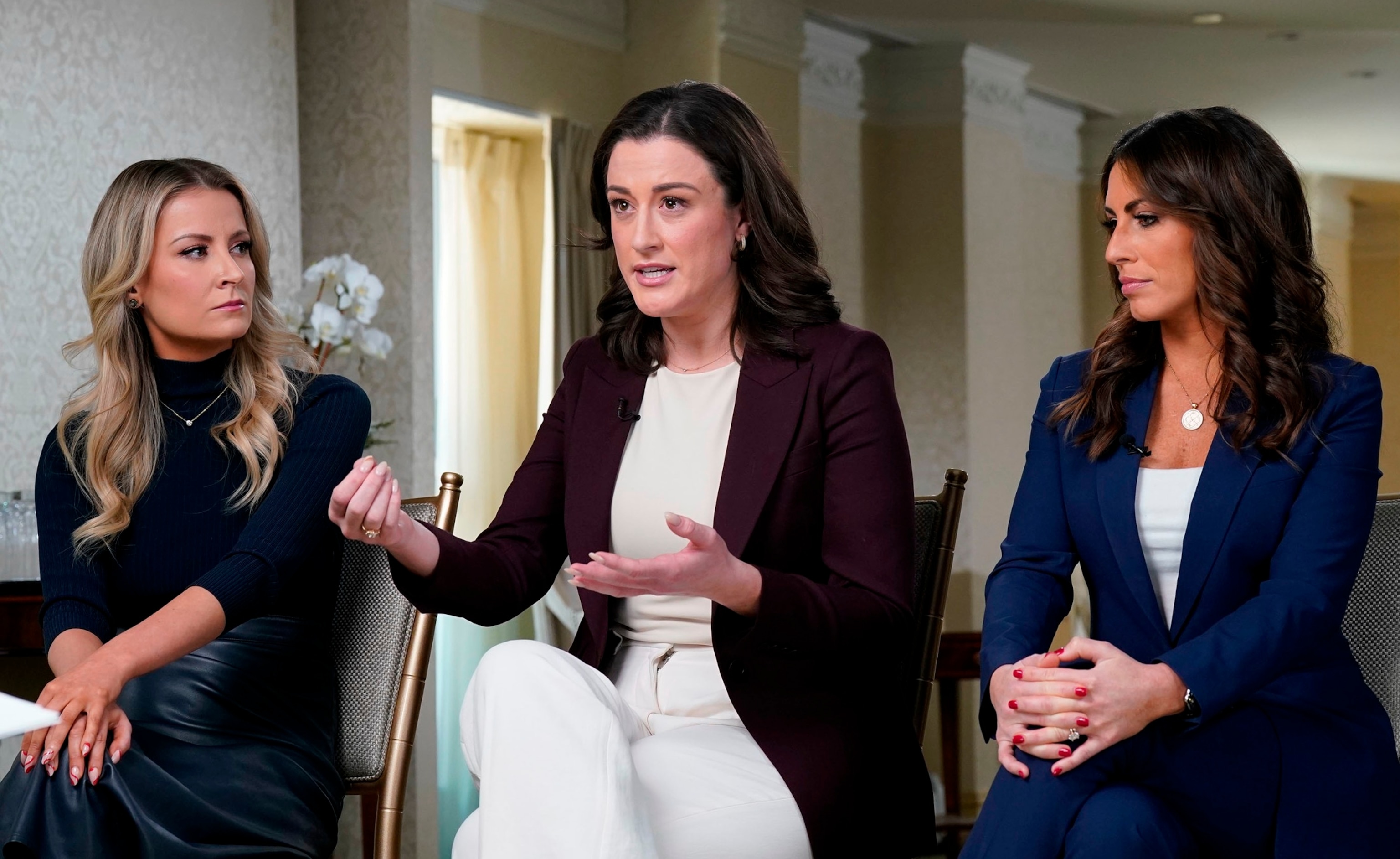 PHOTO: ABC's Jonathan Karl interviews Sarah Matthews, left, Cassidy Hutchinson, center, and Alyssa Farah Griffin, Dec. 15, 2023, in Washington. 