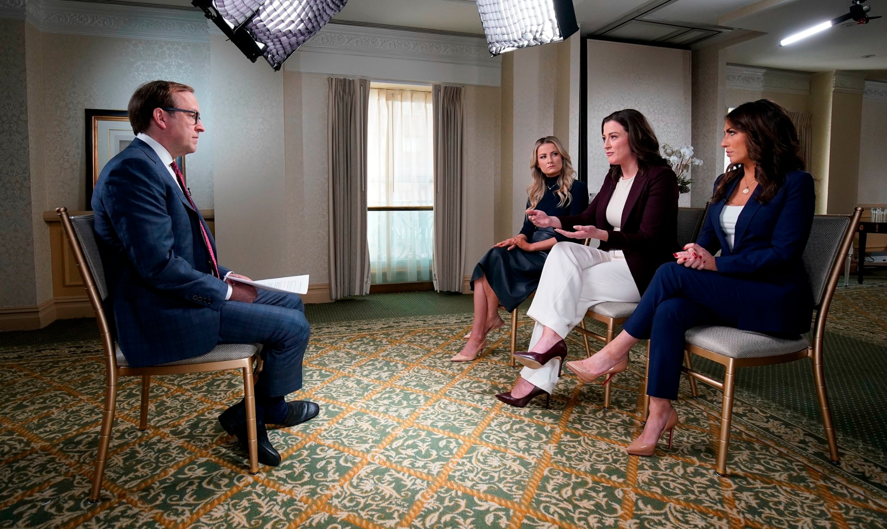 PHOTO: ABC's Jonathan Karl interviews Sarah Matthews, left, Cassidy Hutchinson, center, and Alyssa Farah Griffin, Dec. 15, 2023, in Washington. 