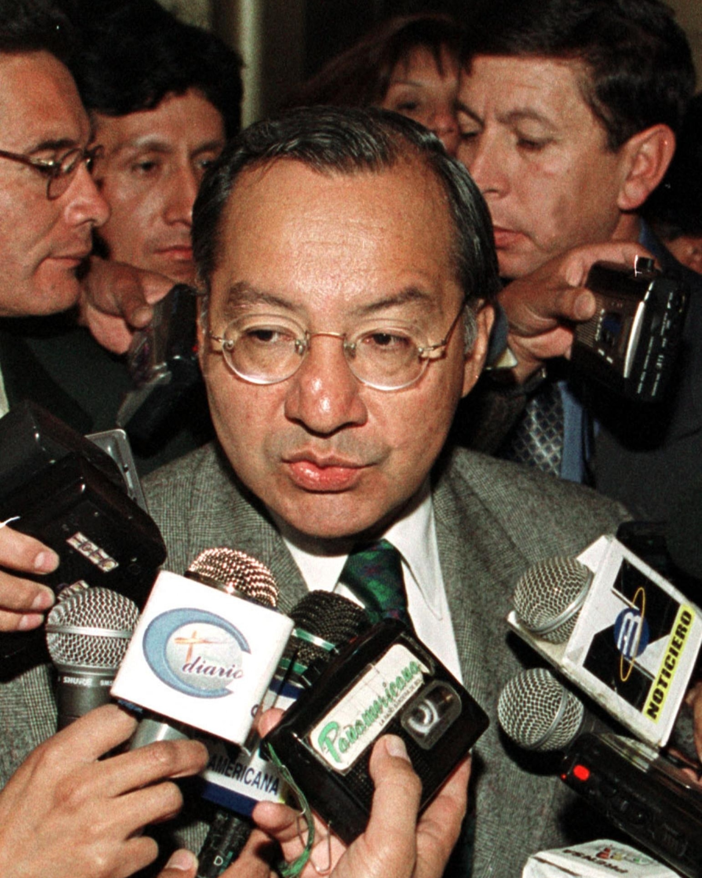 PHOTO: U.S. Ambassador to Bolivia Manuel Rocha speaks to members of the press in La Paz on July 11, 2001. He has been charged with spying for Cuba for 40 years, the Justice Department announced on Dec. 4, 2023.