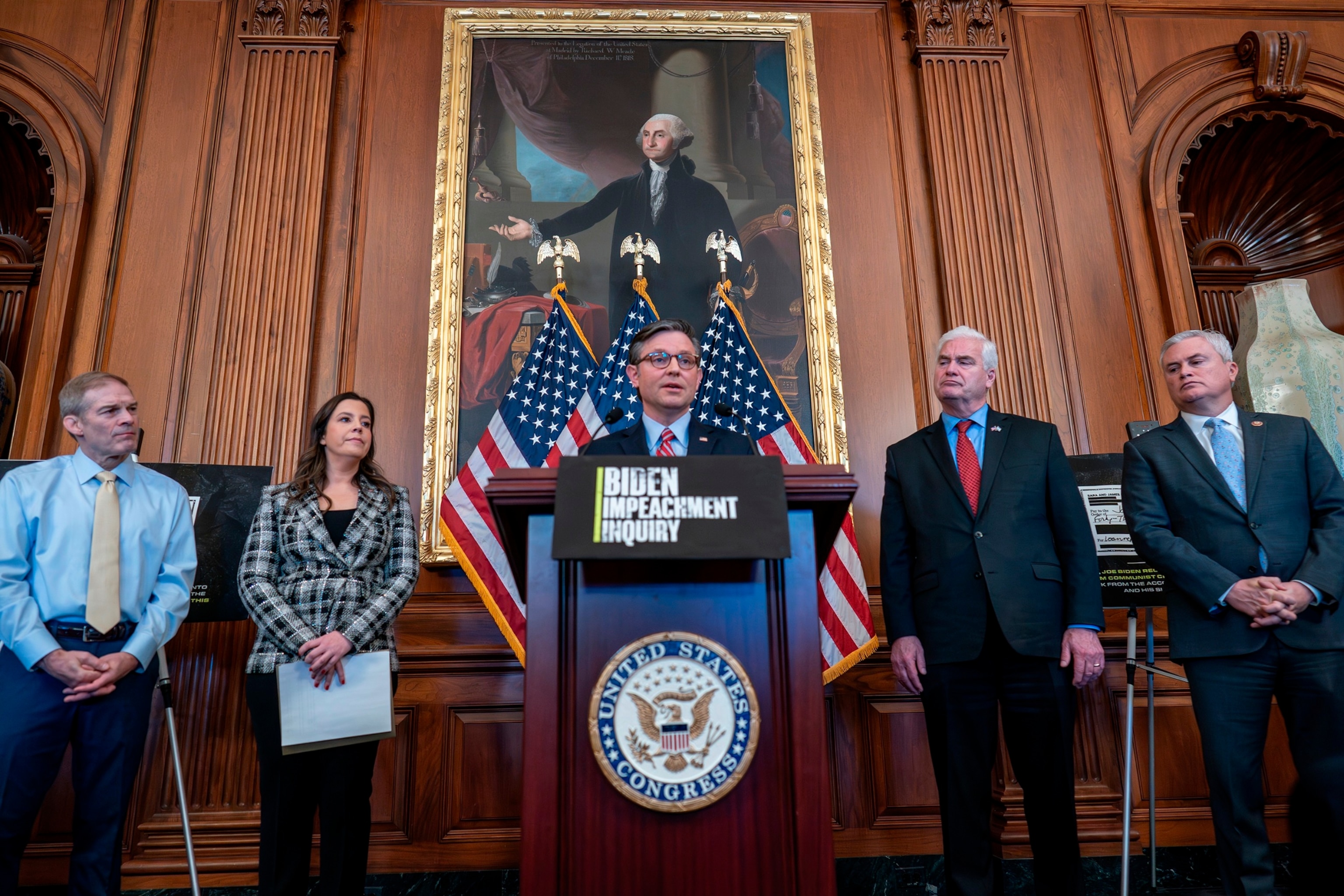 PHOTO: Speaker of the House Mike Johnson, R-La., center, is joined by, from left, Jim Jordan, R-Ohio, Elise Stefanik, R-N.Y., Tom Emmer, R-Minn., and James Comer, R-Ky., Nov. 29, 2023, in Washington.