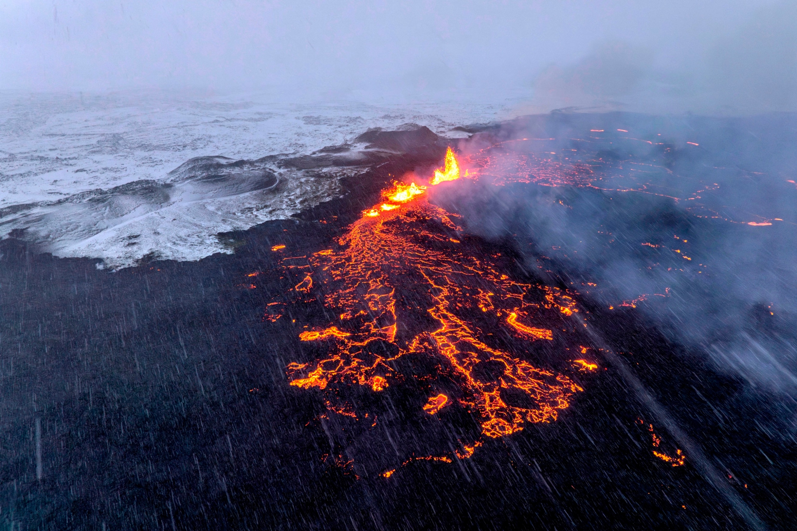 PHOTO: Aerial view of the Southern active segment of the fissure of an active volcano in Grindavik on Iceland's Reykjanes Peninsula, Dec. 19, 2023. 