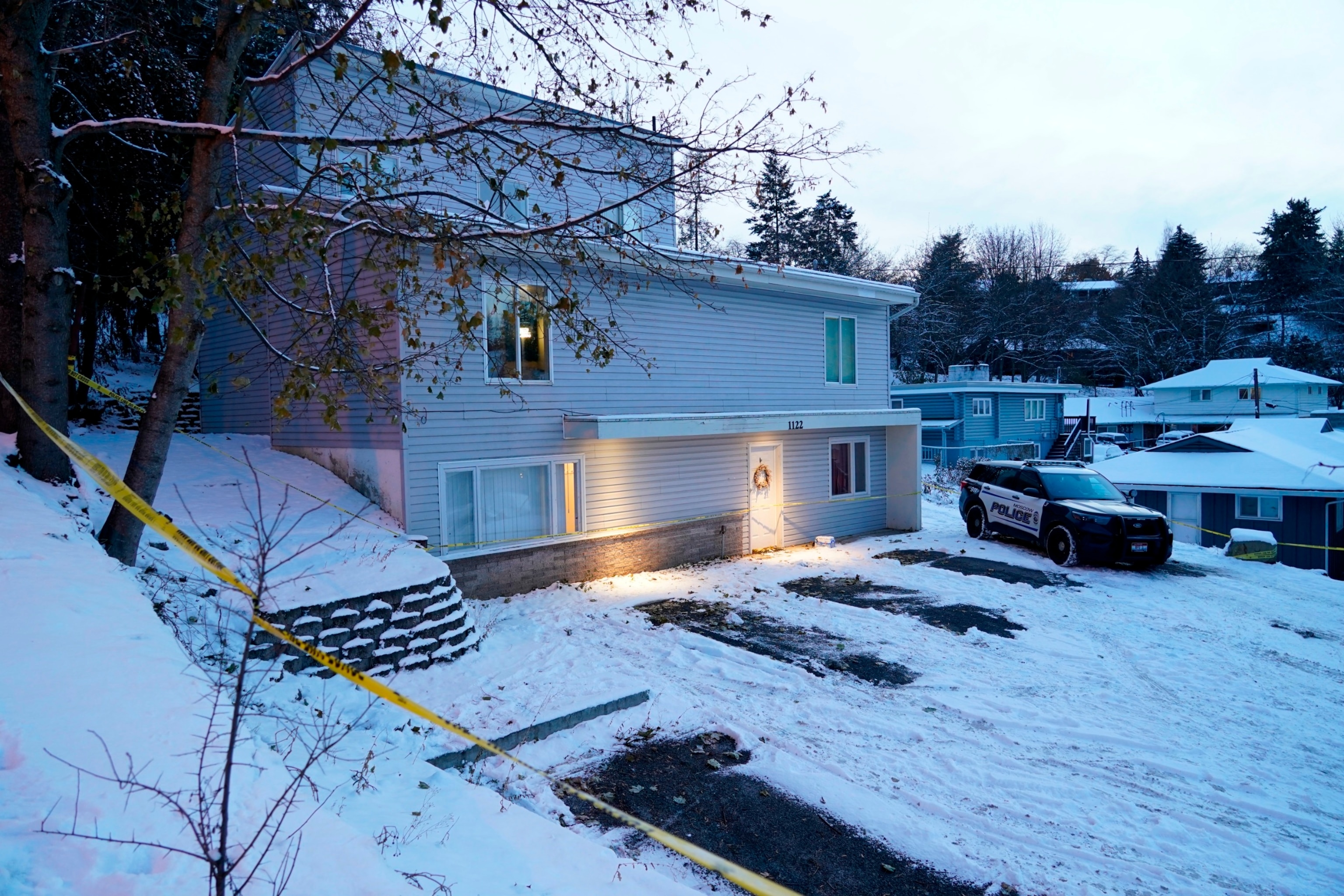 PHOTO: Bare spots are seen on Nov. 29, 2022, in the snowy parking lot in front of the home where four University of Idaho students were found dead on Nov. 13, in Moscow, Idaho.