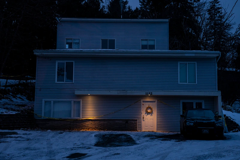 Suspect Arrested For The Murders Of Four University Of Idaho Students
MOSCOW, ID - JANUARY 3: Lights illuminate police tape on a home where a quadruple murder took place on January 3, 2023 in Moscow, Idaho. A suspect has been arrested for the murders of the four University of Idaho students. (Photo by David Ryder/Getty Images)