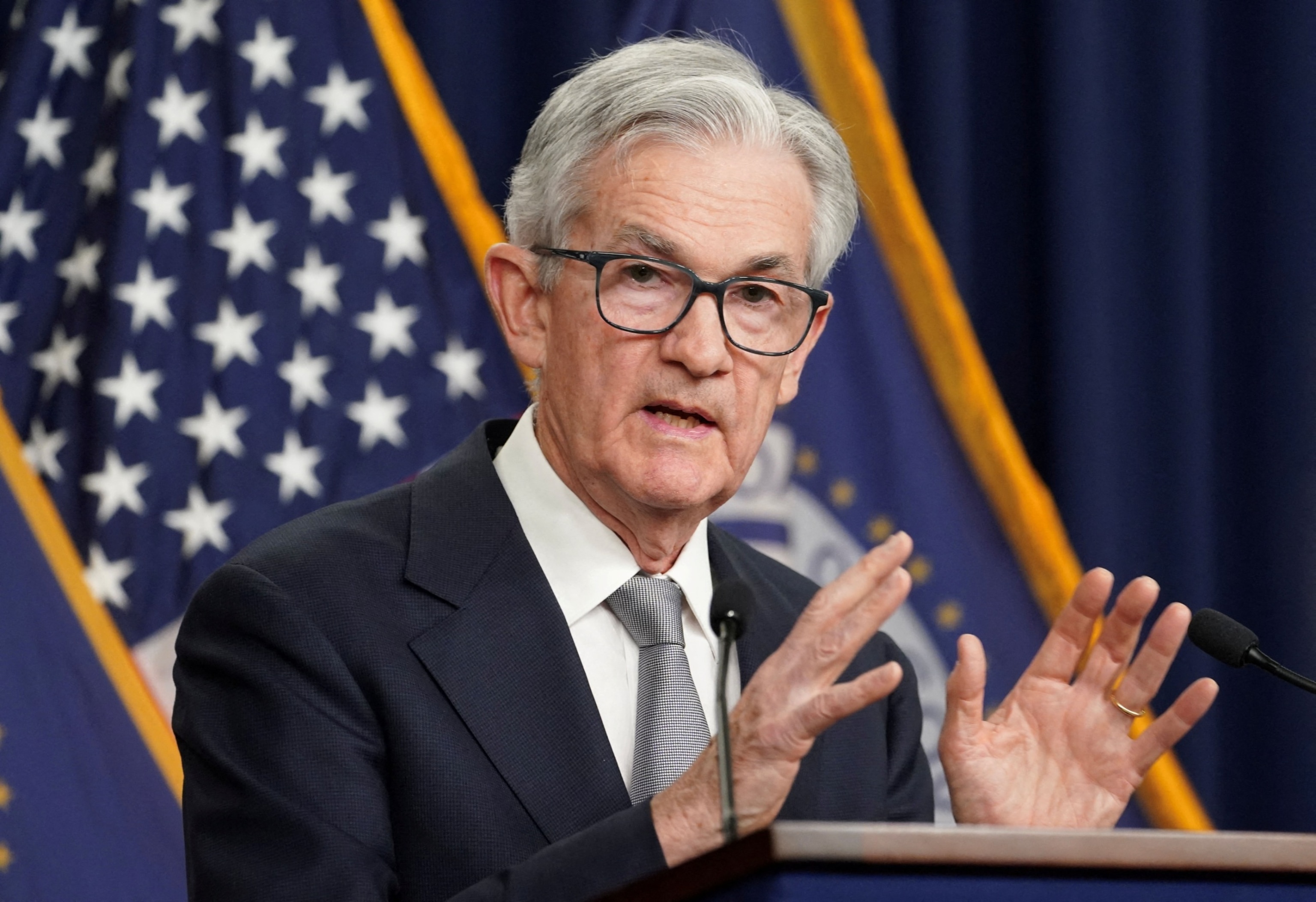 PHOTO: Federal Reserve Board Chairman Jerome Powell answers a question at a press conference at the Federal Reserve in Washington, November 1, 2023. 