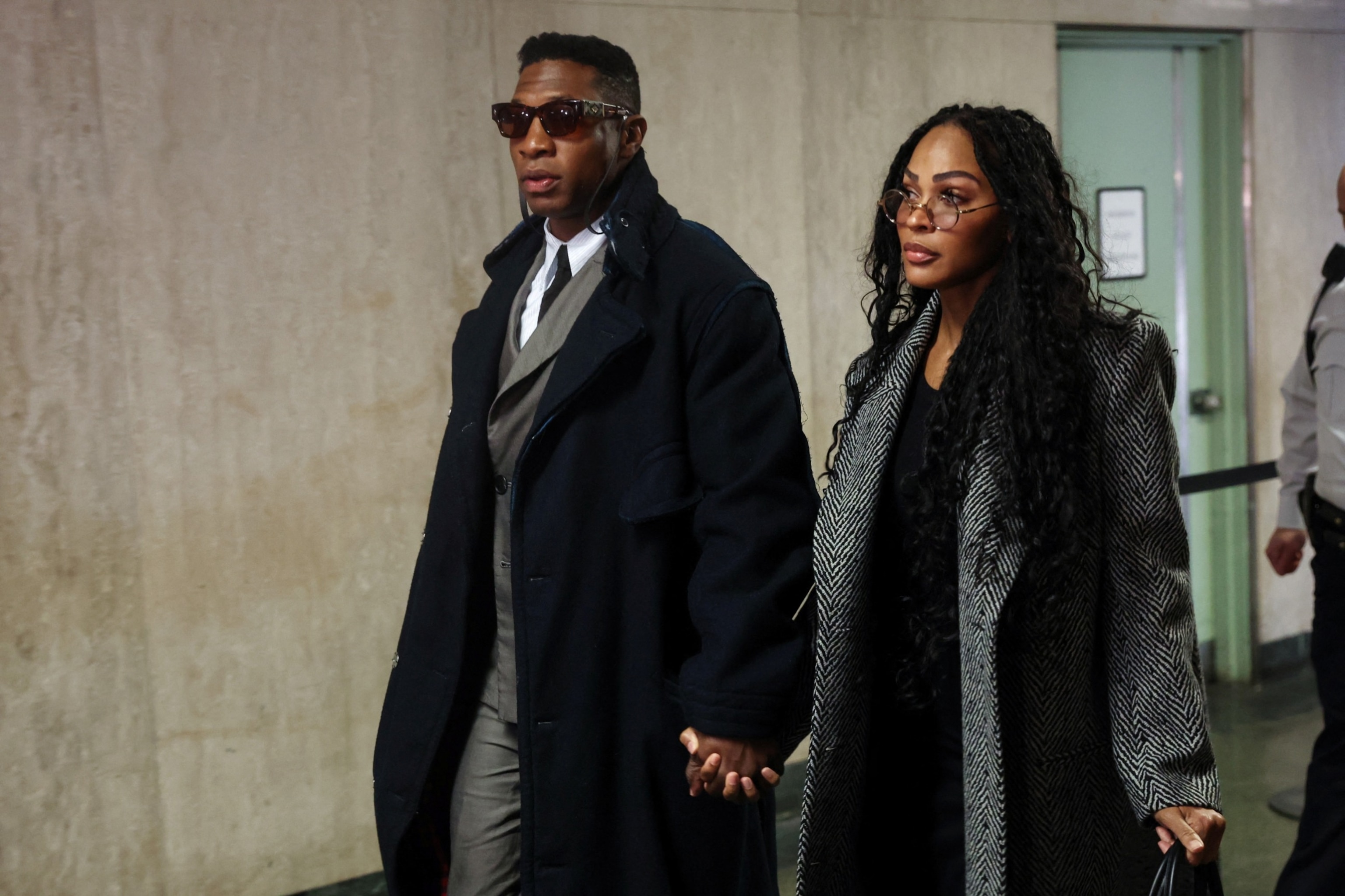 PHOTO: Actor Jonathan Majors arrives with Meagan Good for the jury selection in his assault and harassment case at Manhattan Criminal Court in New York City, Nov. 29, 2023.