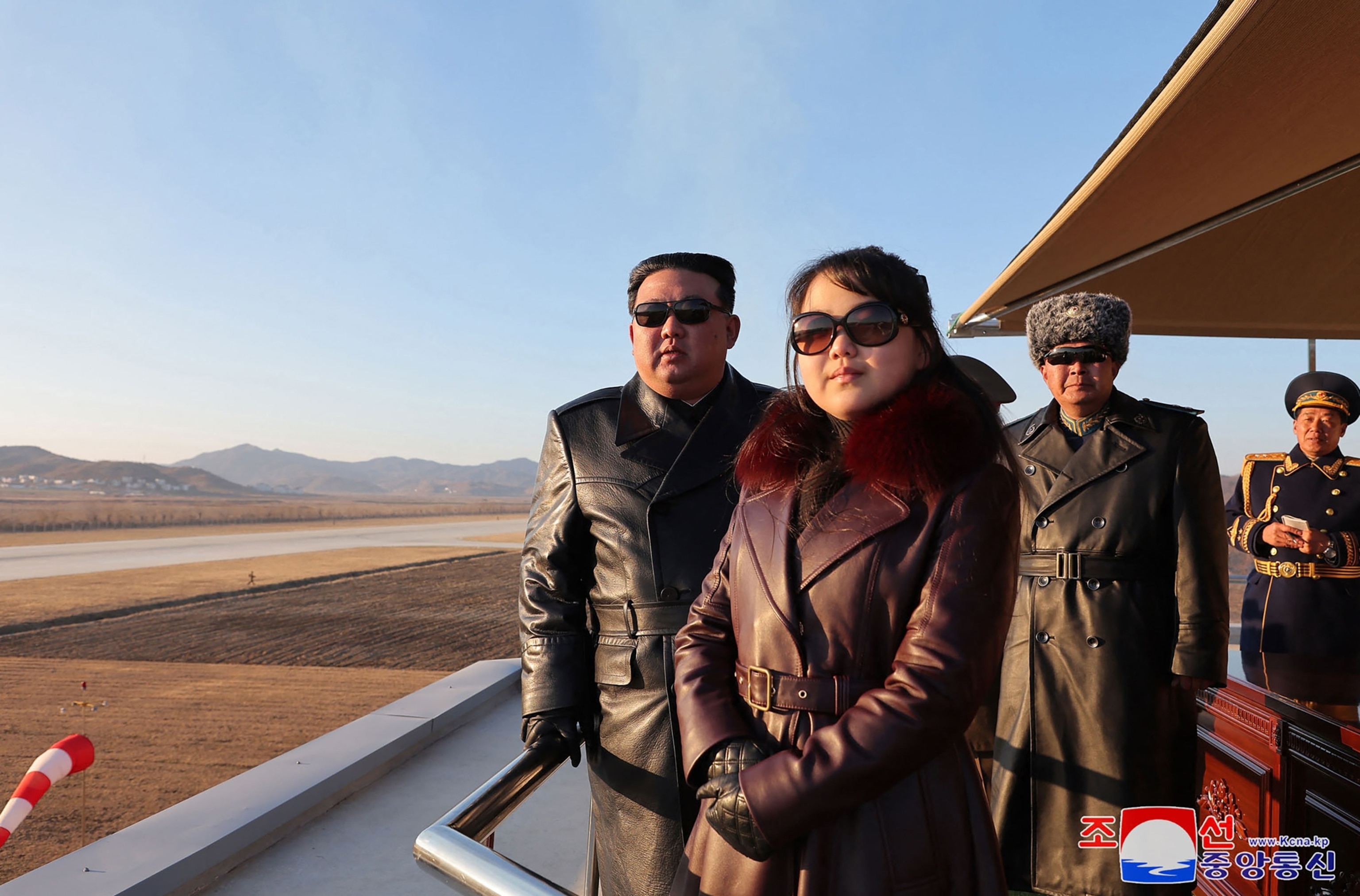 PHOTO: This picture taken on Nov. 30, 2023 and released from North Korea's official Korean Central News Agency on Dec. 1, 2023 shows North Korea's leader Kim Jong Un and his daughter observing an air festival.