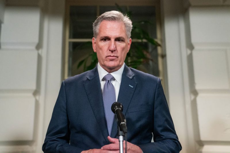 WASHINGTON, DC - SEPTEMBER 30: House Speaker Kevin McCarthy (R-CA) speaks with members of the media following a meeting of the Republican House caucus on September 30, 2023 in Washington, DC. The government is expected to enter a shutdown at midnight if a last-minute budget deal is not reached by the House on Saturday. (Photo by Nathan Howard/Getty Images)