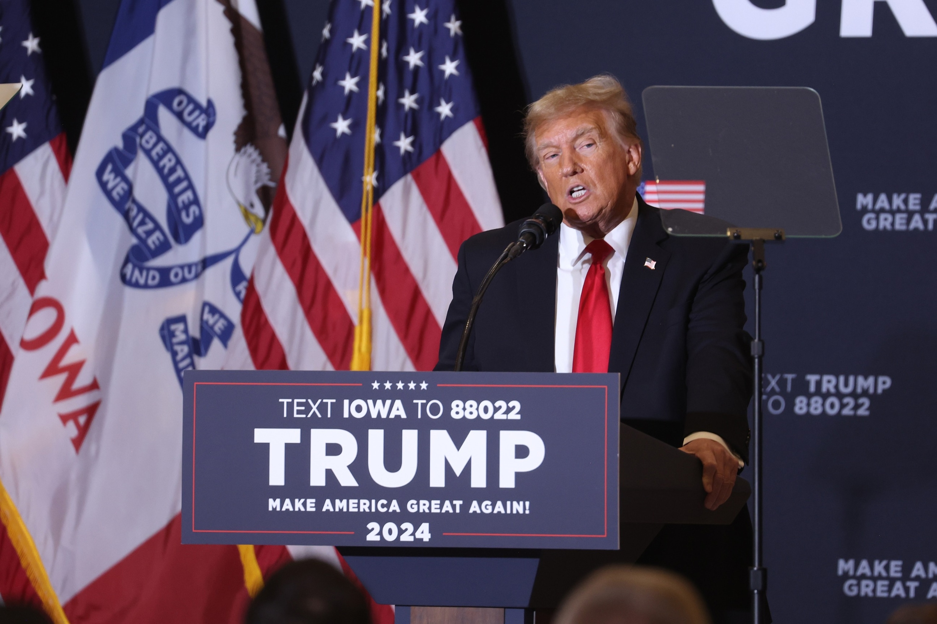 PHOTO: Republican presidential candidate, former President Donald Trump speaks at a campaign event at the Hyatt Hotel, on Dec. 13, 2023, in Coralville, Iowa. 