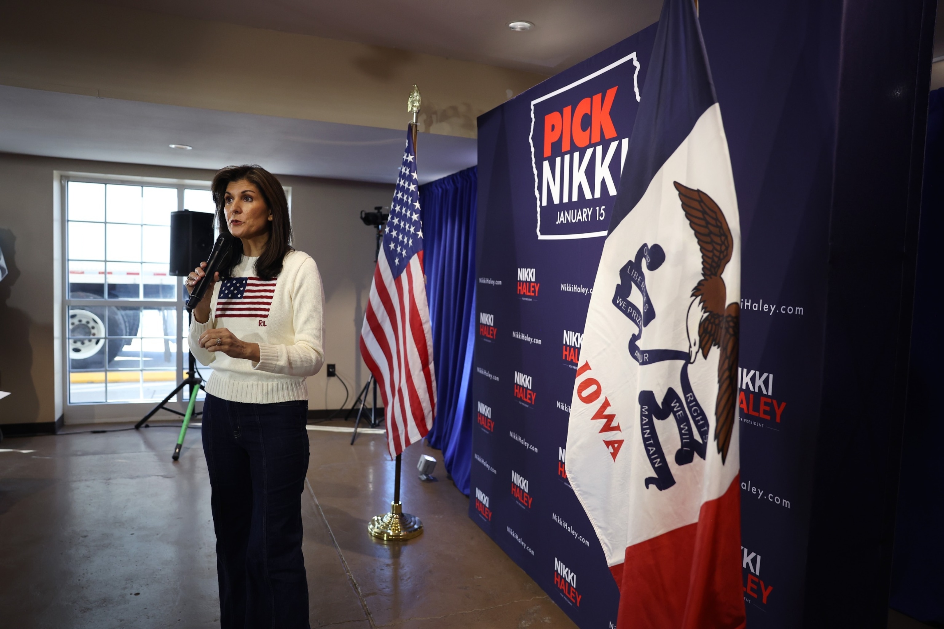 Republican presidential candidate Nikki Haley addresses guests during a campaign stop at the Nevada Fairgrounds community building on December 18, 2023 in Nevada, Iowa. (Photo by Scott Olson/Getty Images)