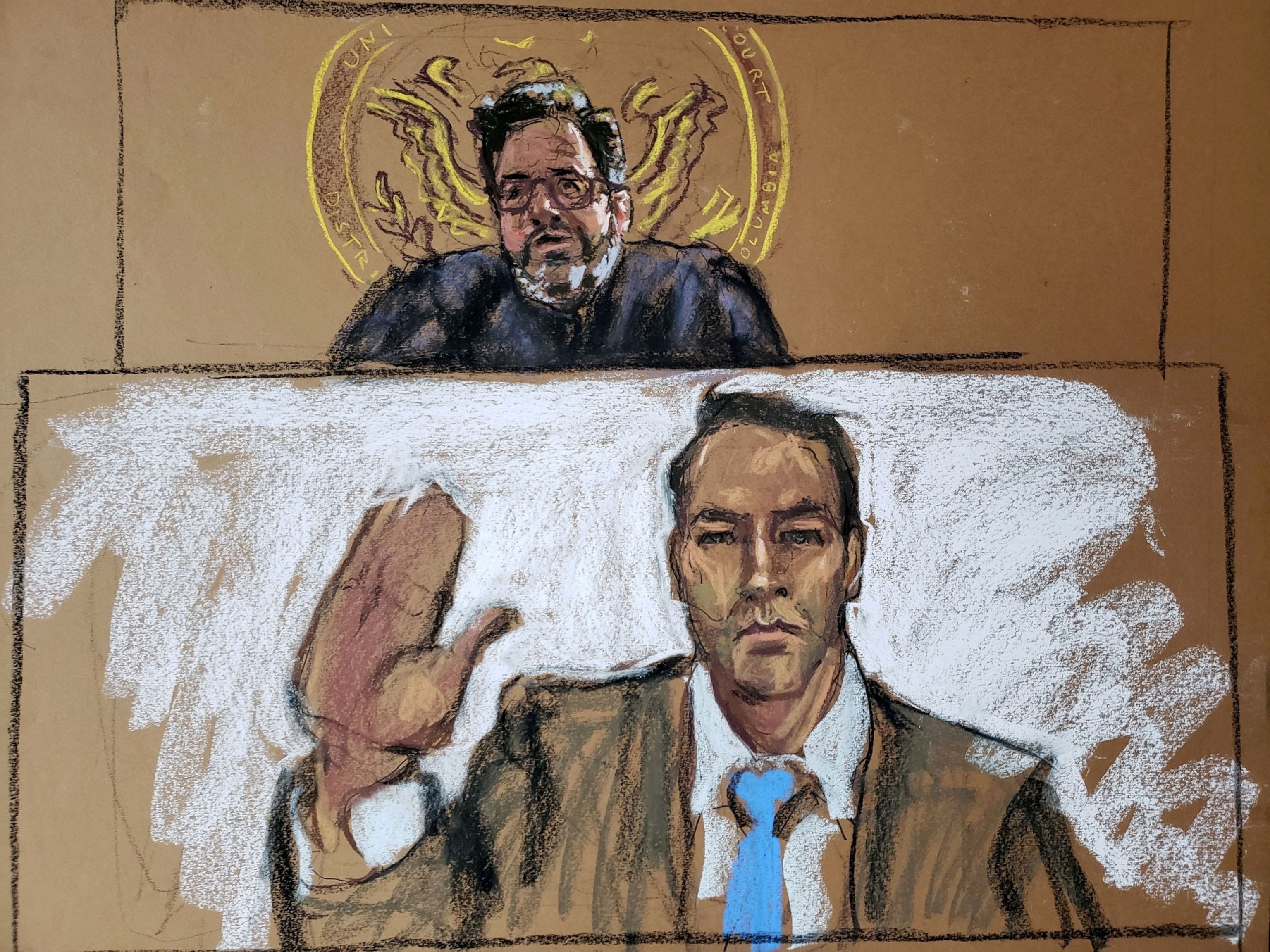 PHOTO: Olympic swimmer Klete Keller appears in this courtroom sketch during a virtual hearing in a District of Columbia court, Jan. 22, 2021, on charges related to the January 6th storming of the U.S. Capitol in Washington, D.C.