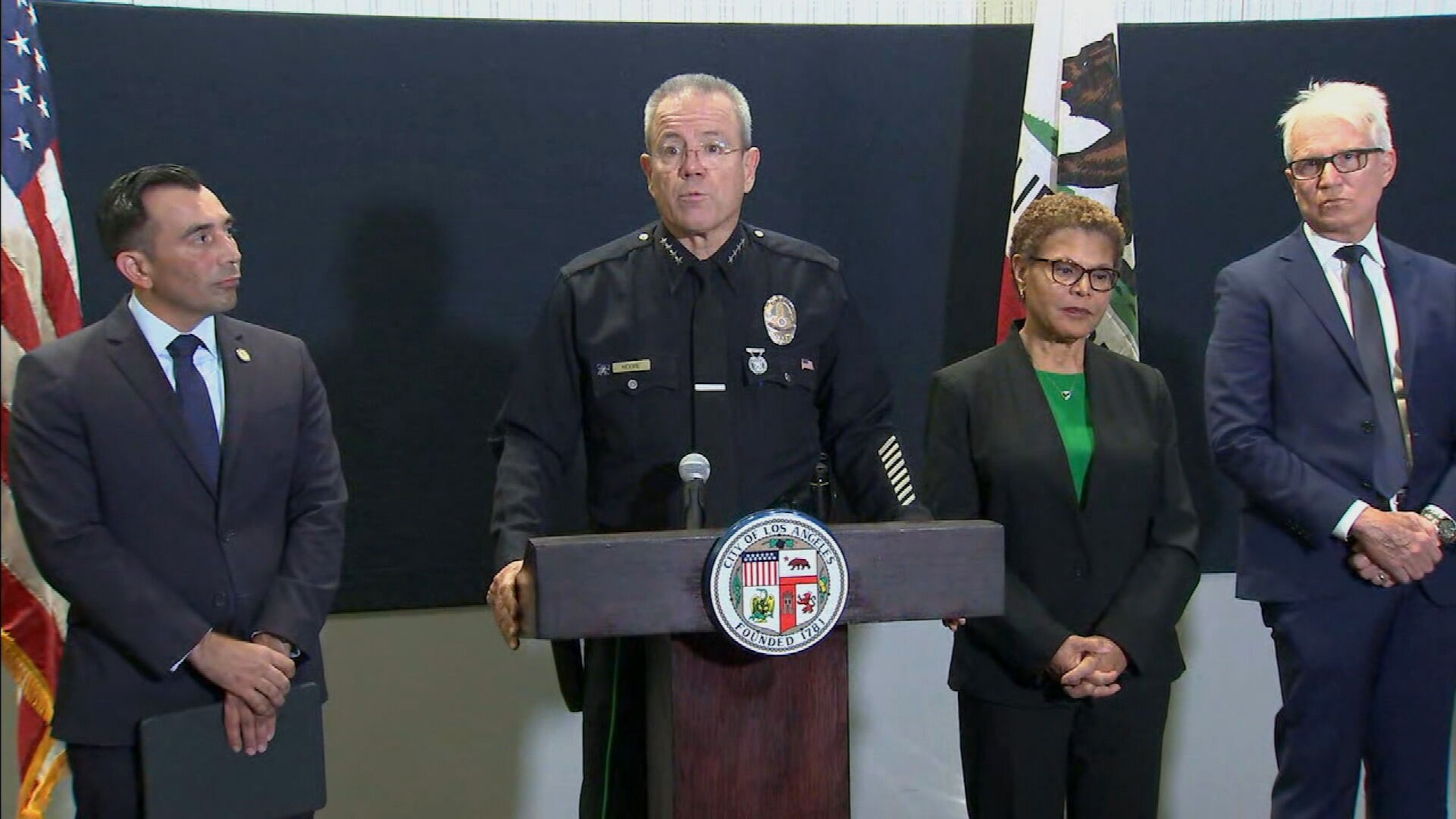PHOTO: Los Angeles Police Chief Michel Moore speaks at a press conference about a person believed to have killed three homeless people in separate shootings this week, Dec. 1, 2023.