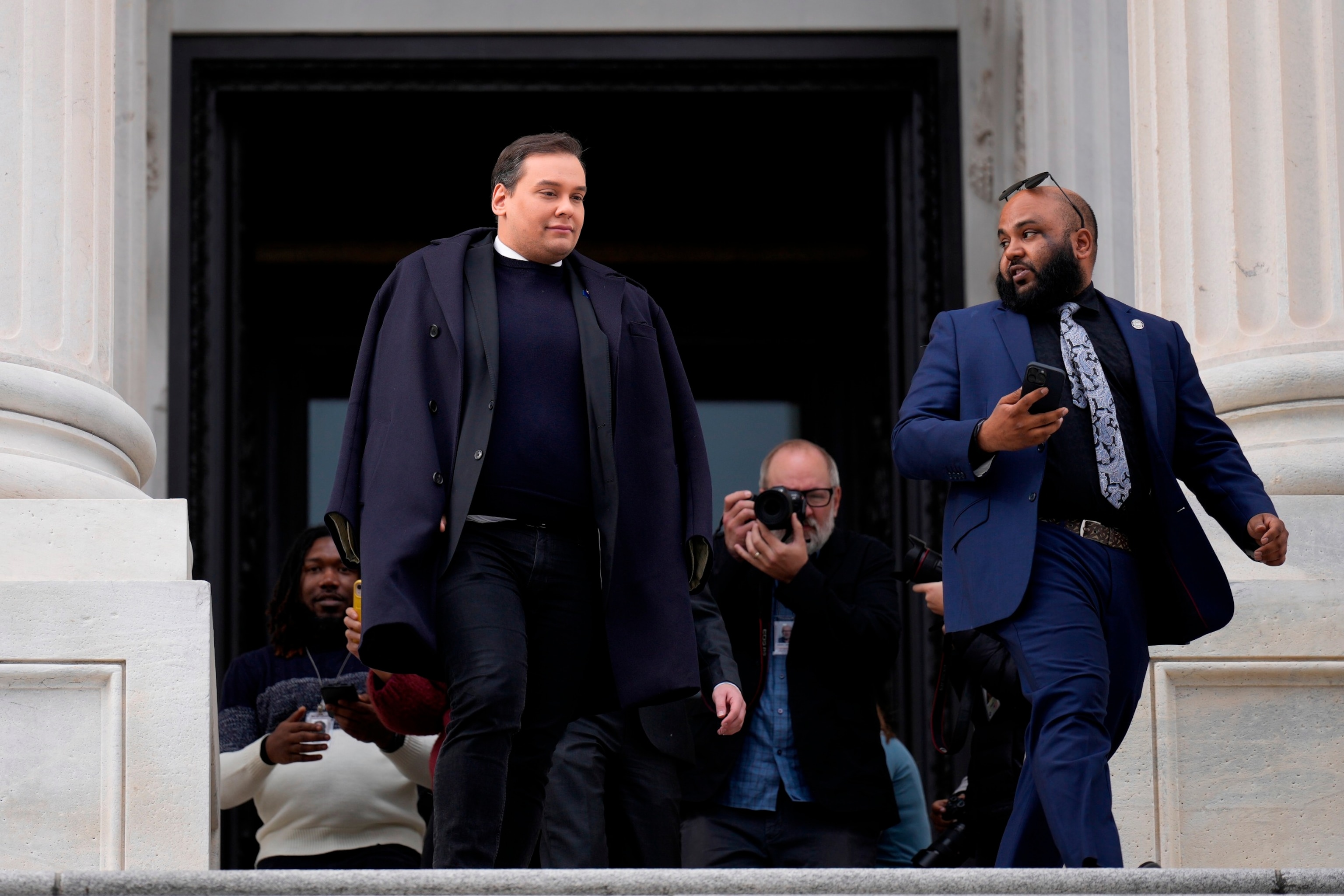 PHOTO: Rep. George Santos leaves the U.S. Capitol after his fellow members of Congress voted to expel him from the House of Representatives on Dec. 1, 2023 in Washington, DC.