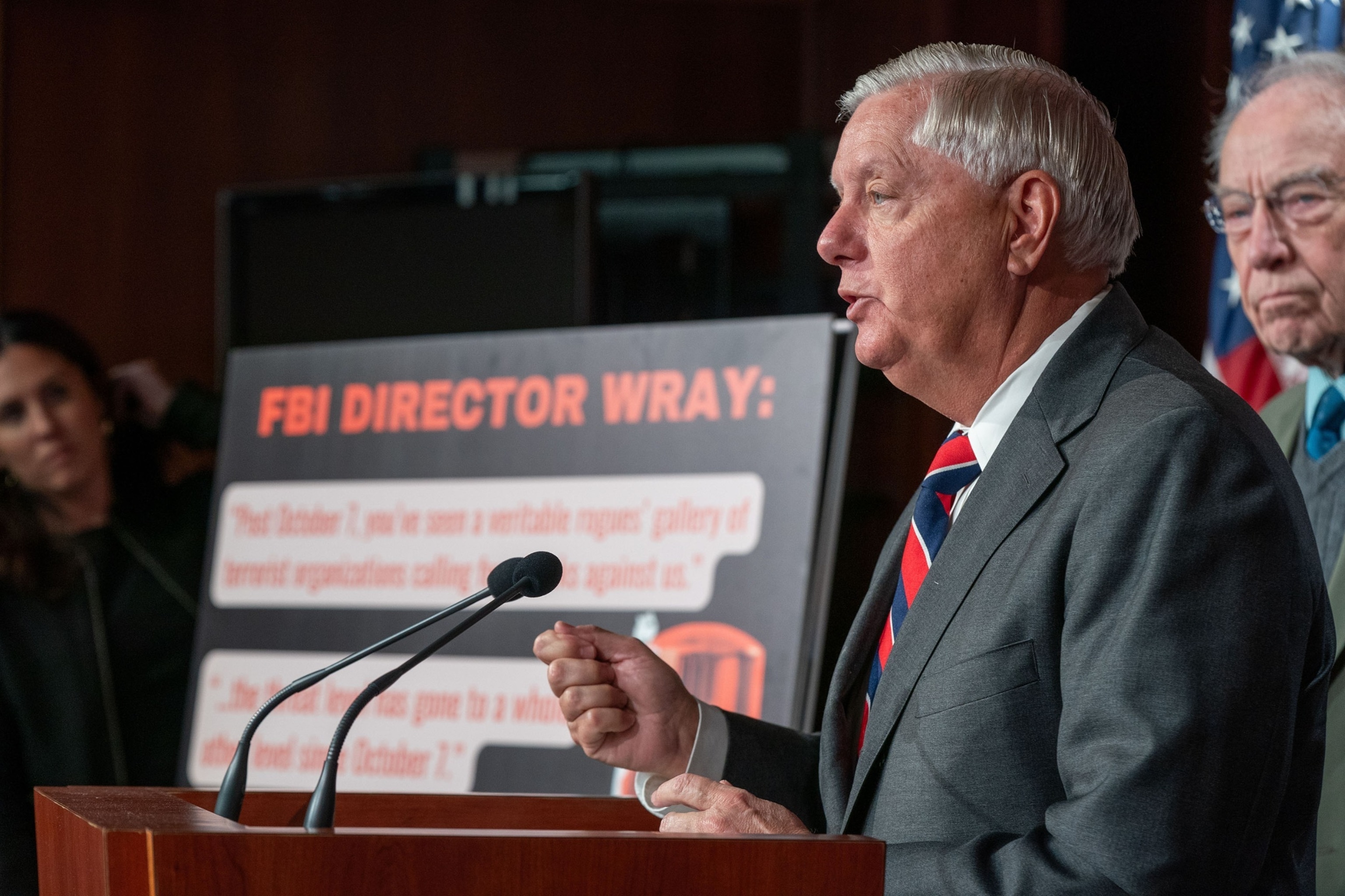 PHOTO: Senator Lindsey Graham delivers remarks calling for President Biden to close the Southern border during a press conference in the US Capitol in Washington, DC, Dec. 7, 2023. 