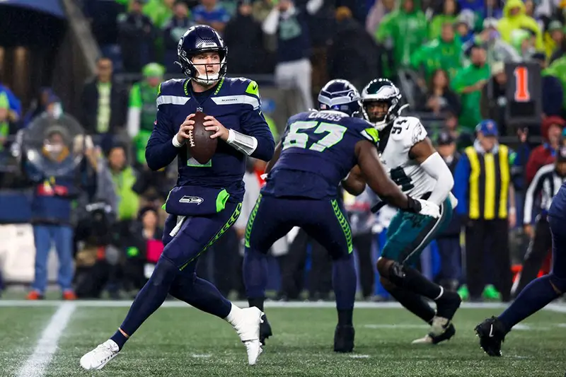 Seattle Seahawks quarterback Drew Lock (2) looks to pass against the Philadelphia Eagles during the first quarter at Lumen Field. Mandatory Credit: Joe Nicholson-USA TODAY Sports