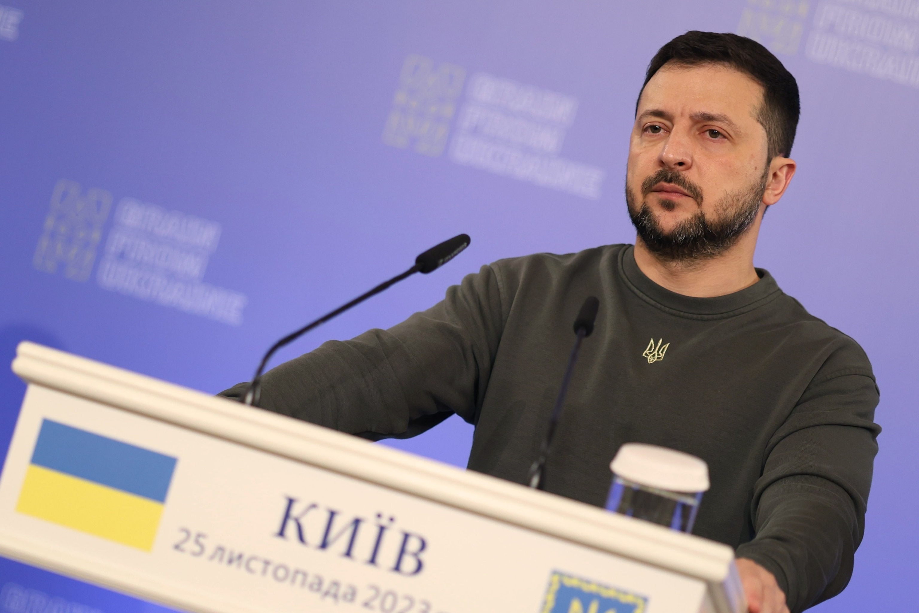 PHOTO: President of Ukraine Volodymyr Zelenskyi listens during a joint press conference following the 'Grain from Ukraine' International summit meeting on Nov. 25, 2023 in Kyiv, Ukraine. 