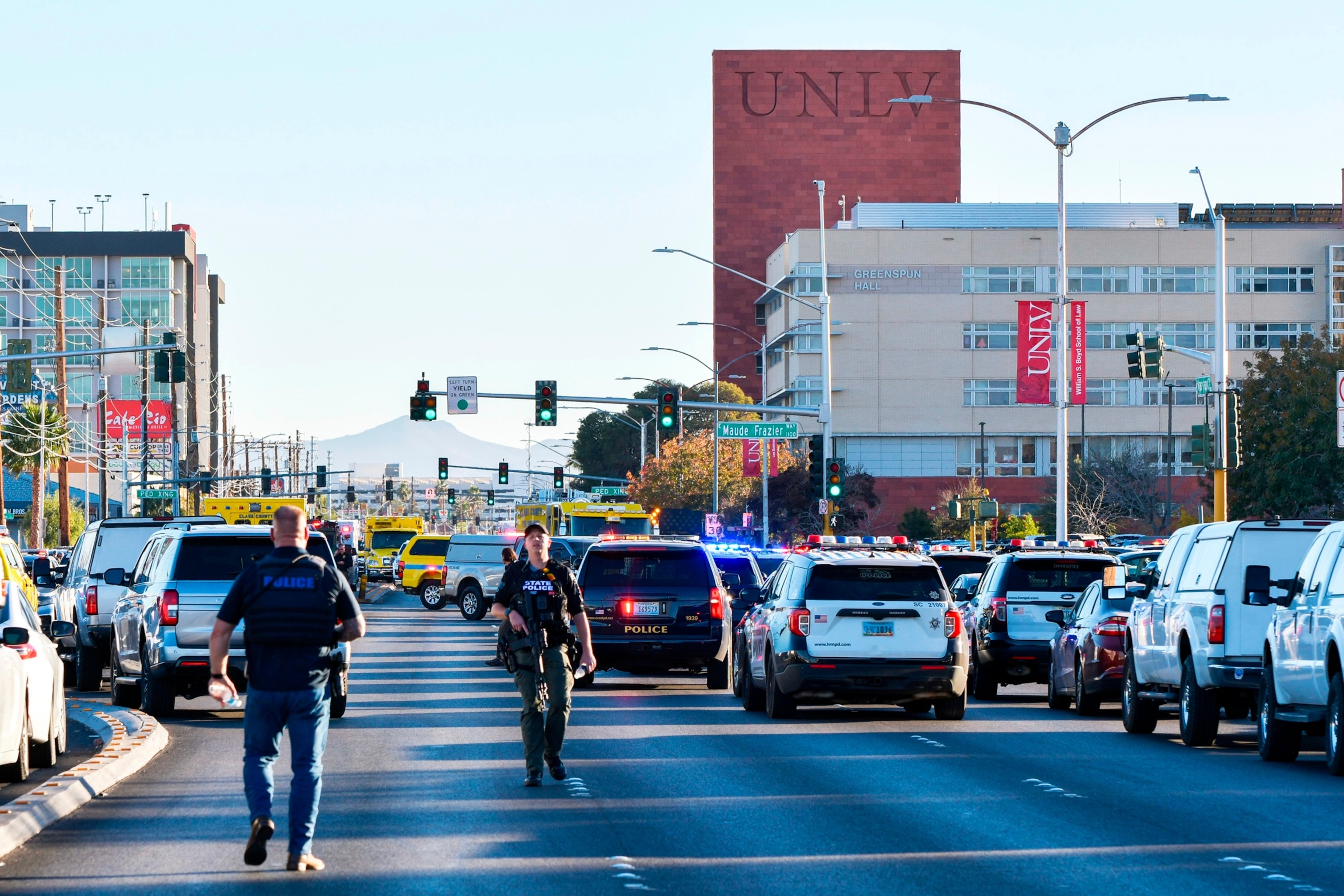PHOTO: View of halted traffic after a shooting at UNLV where 3 were reported dead and 1 in critical condition at the University of Nevada, Las Vegas in Las Vegas on Dec. 6, 2023. 