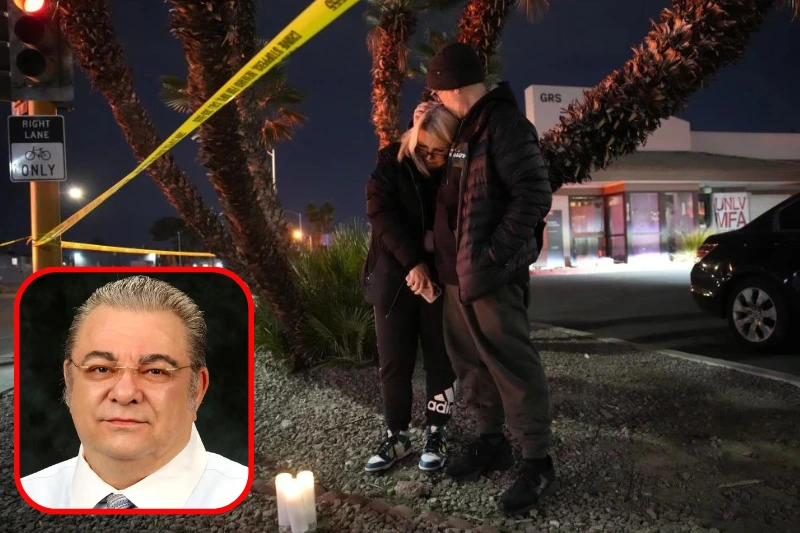 B| Sean Hathcock, right, kisses Michelle Ashley after the two left candles for victims of a shooting at the University of Nevada, Las Vegas, Wednesday. Dec. 6. 2023. in Las Vegas. The two graduated from the school and live nearby. (AP Photo/John Locher) F| (Anthony Polito / Linkedin By LVMPD)