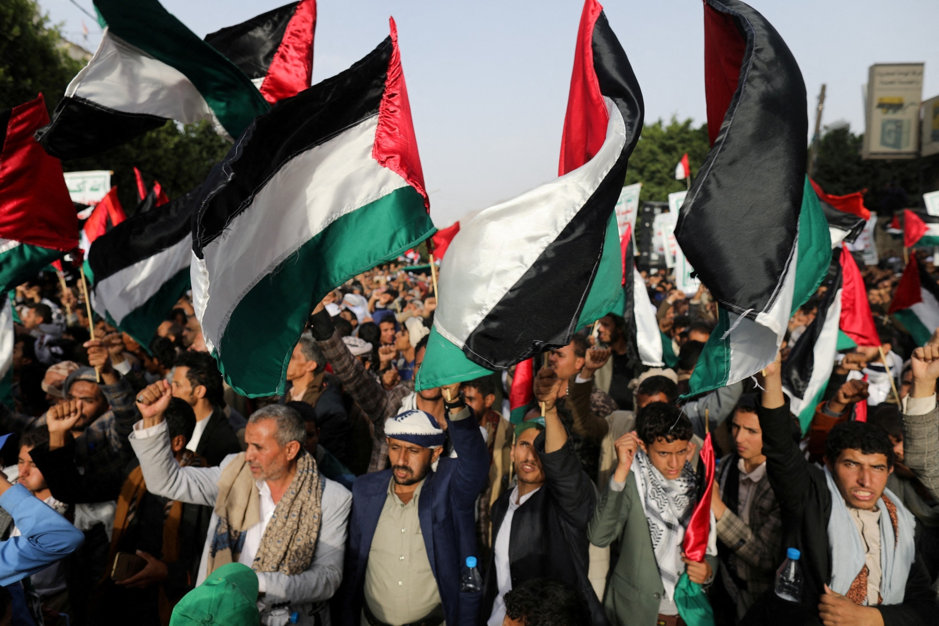 PHOTO: Houthi supporters rally to show support to Palestinian factions, in Sanaa, Yemen, Oct. 7, 2023. 