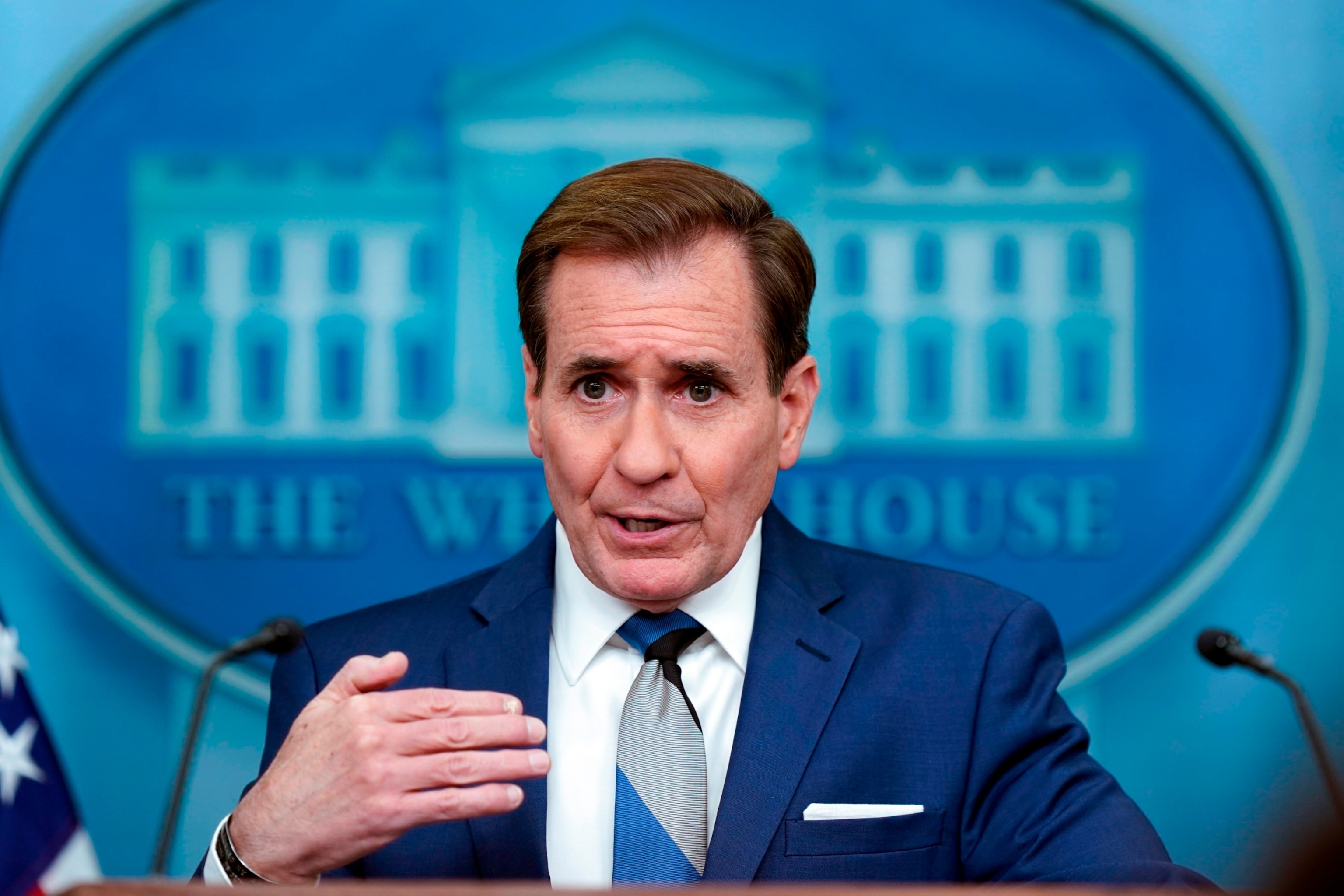 PHOTO: National Security Council spokesman John Kirby speaks during a press briefing at the White House, Dec. 19, 2023. 