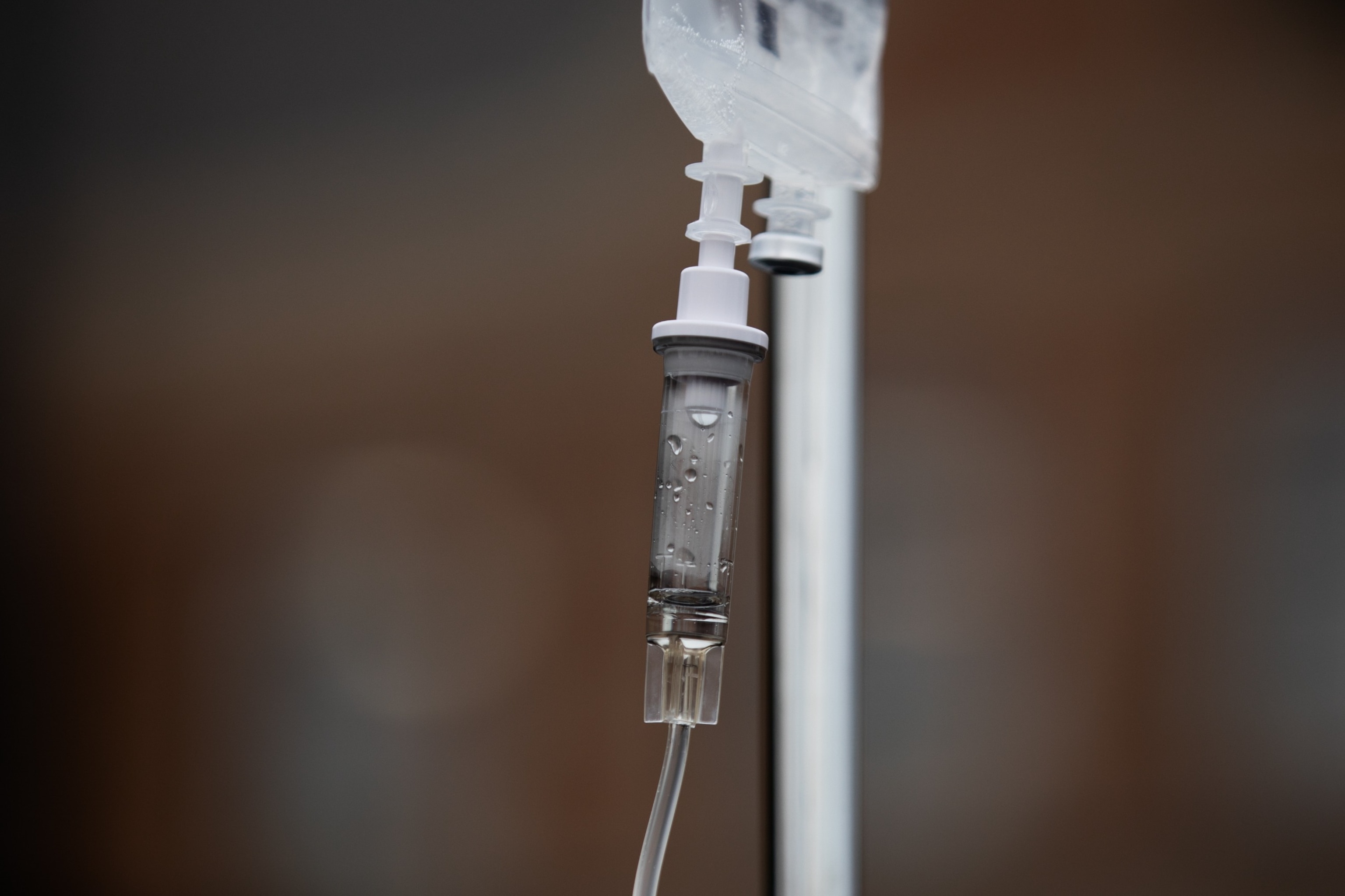 PHOTO: An IV drip treatment on an IV pole. 