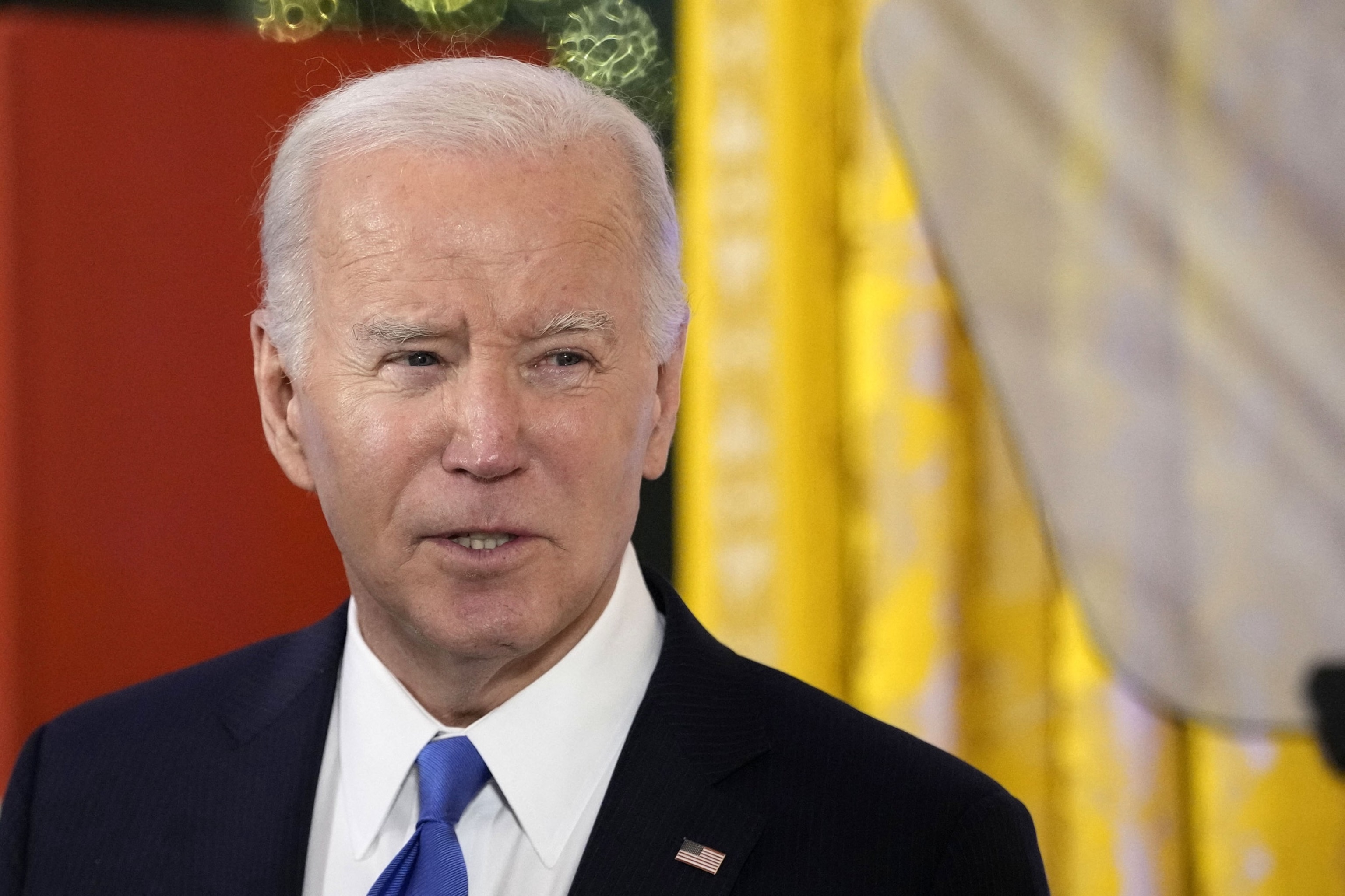 PHOTO: President Joe Biden speaks a Hanukkah reception in the East Room of the White House in Washington, D.C, on Dec. 11, 2023.