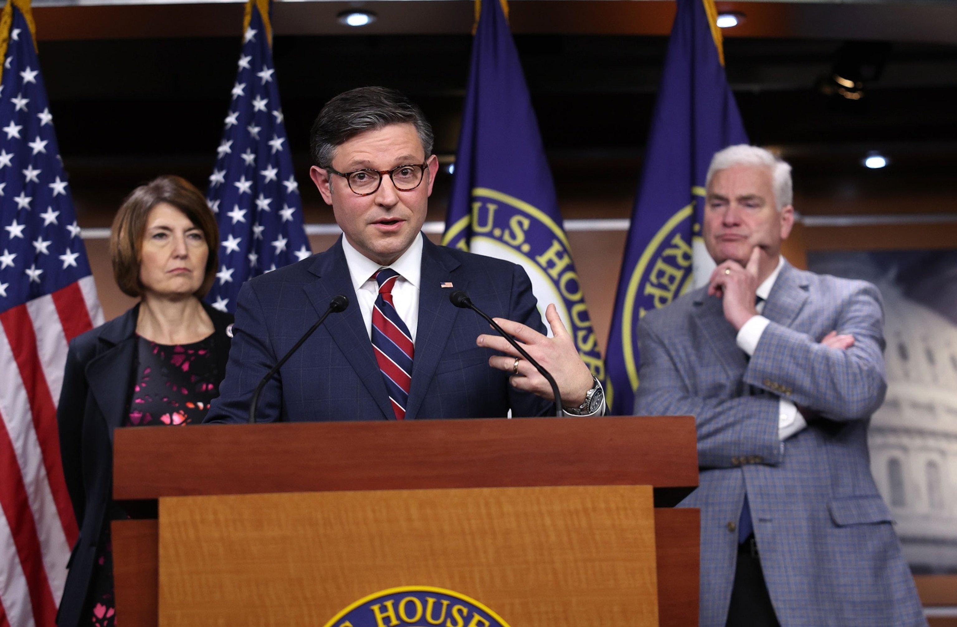 PHOTO: Speaker of the House Mike Johnson speaks at a press conference at the U.S. Capitol on Dec. 12, 2023, in Washington, D.C. 