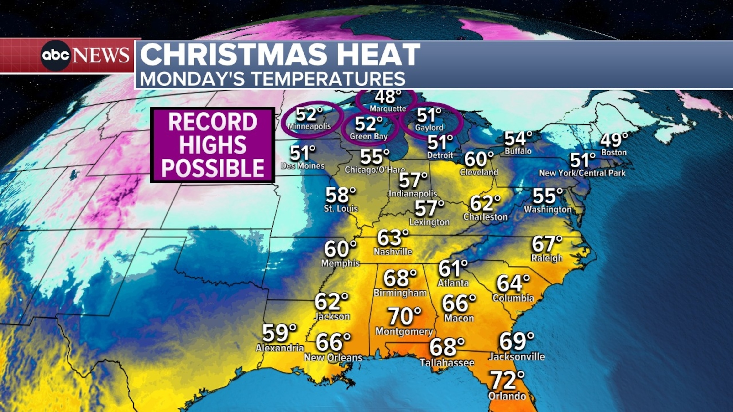 PHOTO: Christmas Heat - Monday Temperatures Map