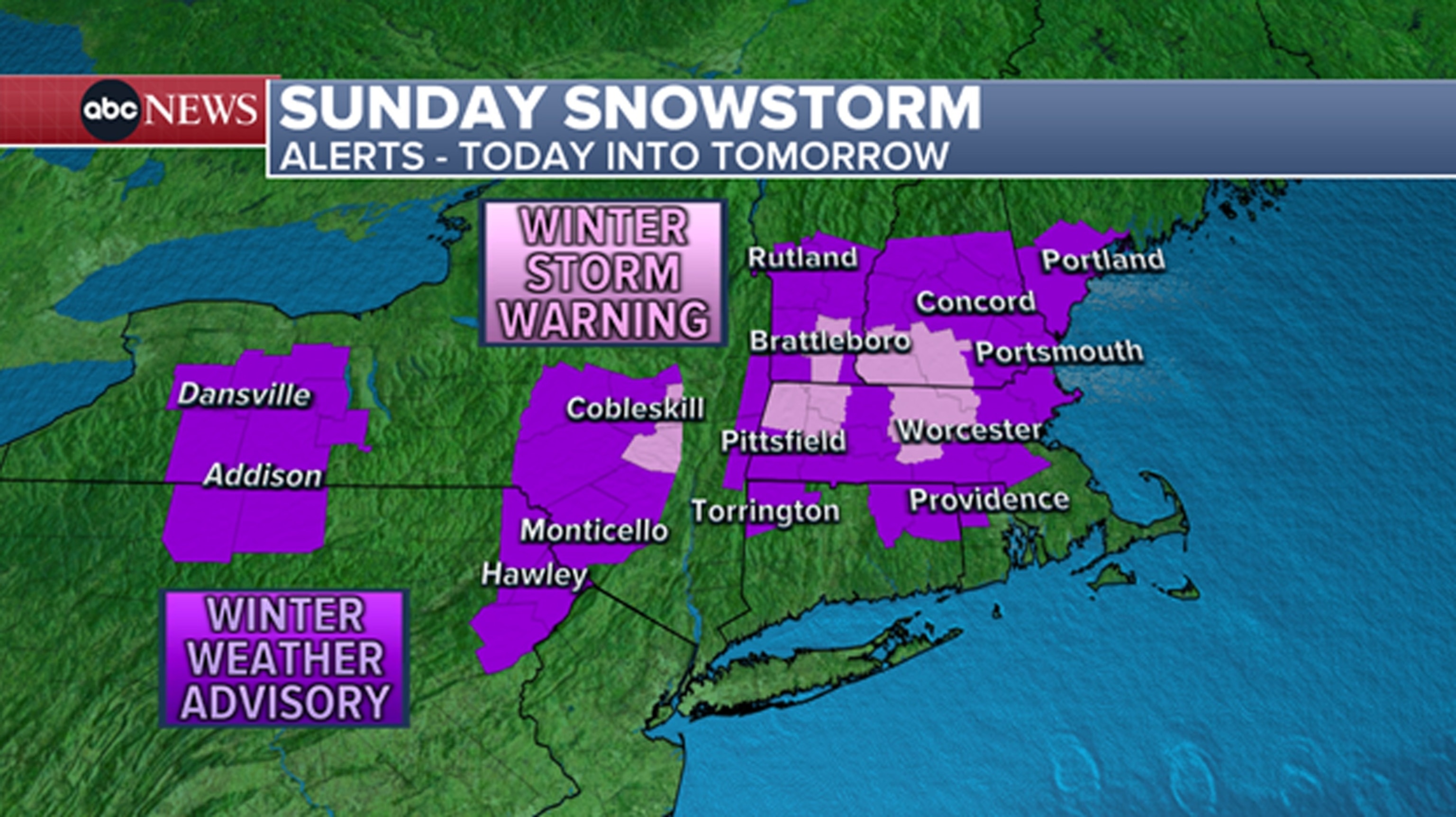 PHOTO: Winter Weather Advisories (seen in purple) are in effect for several locations in the northeast, with an upgrade to Winter Storm Warnings (pink shading) for parts of Massachusetts, New York, Vermont, and New Hampshire.