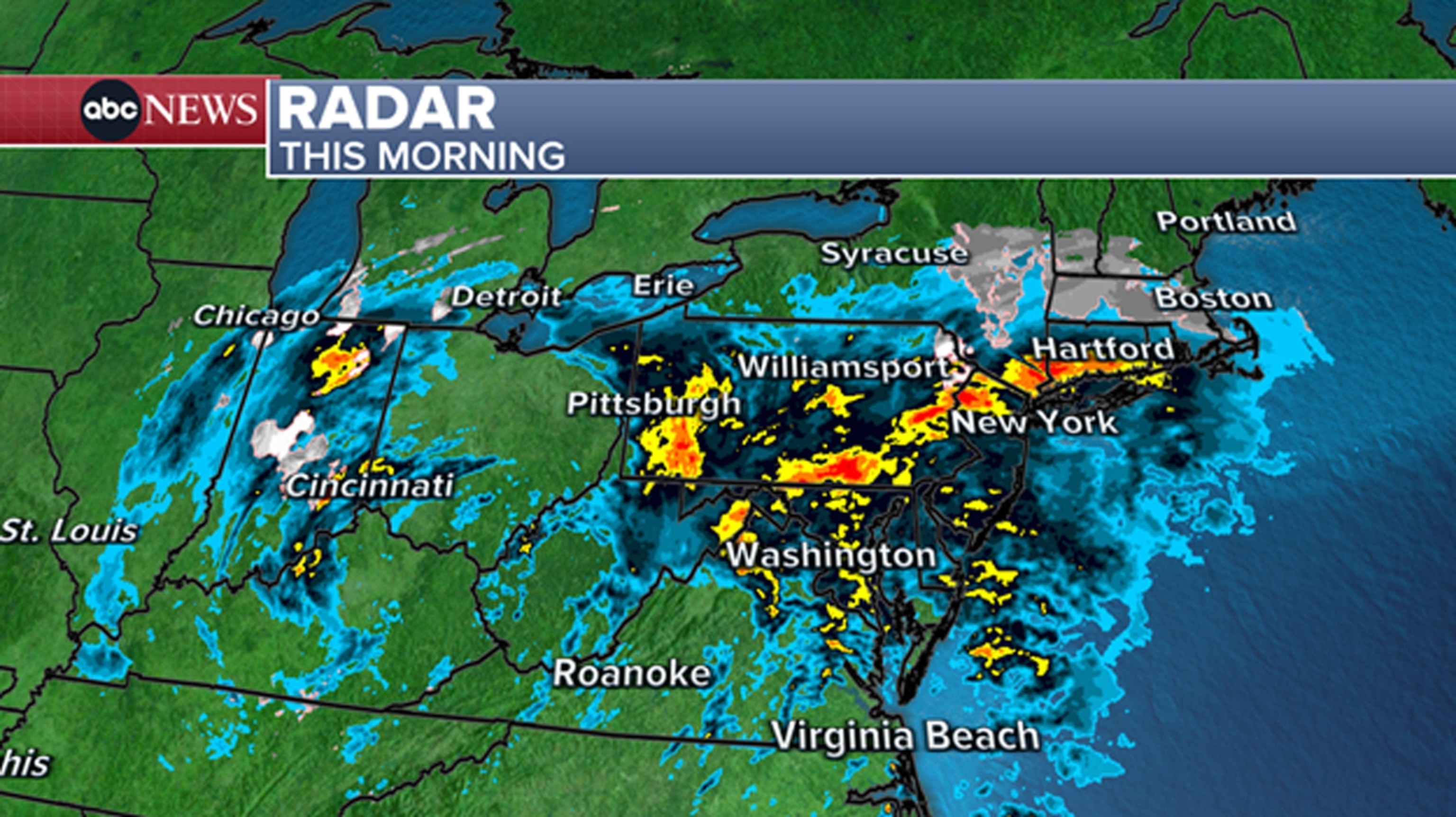 PHOTO: Heavy rain has moved into much of the northeast this morning.