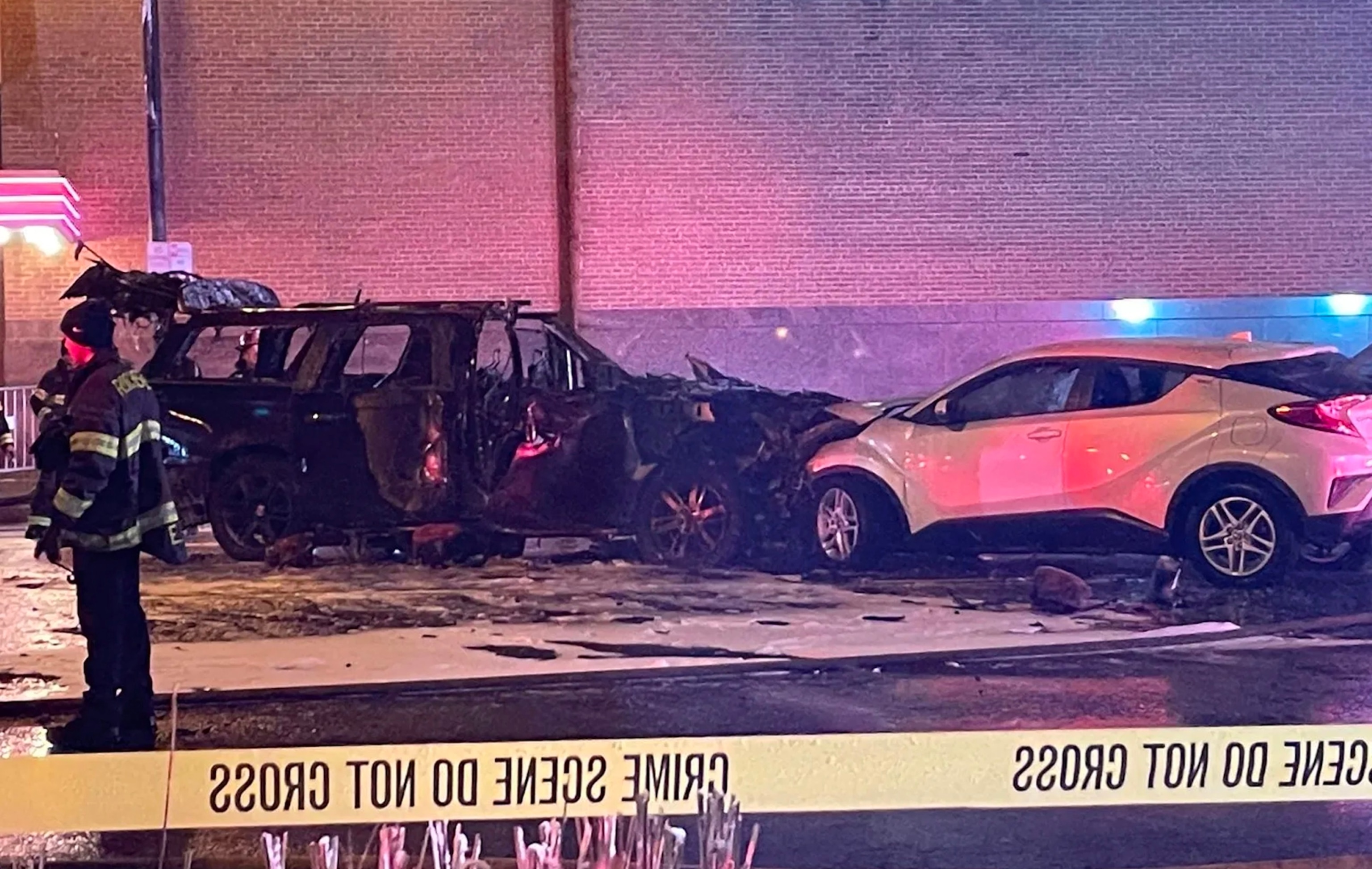 PHOTO: Two people in a ride-sharing car were killed after a rented Ford Expedition driven by the suspect, 35-year-old Michael Avery, slammed into it and burst into flames.