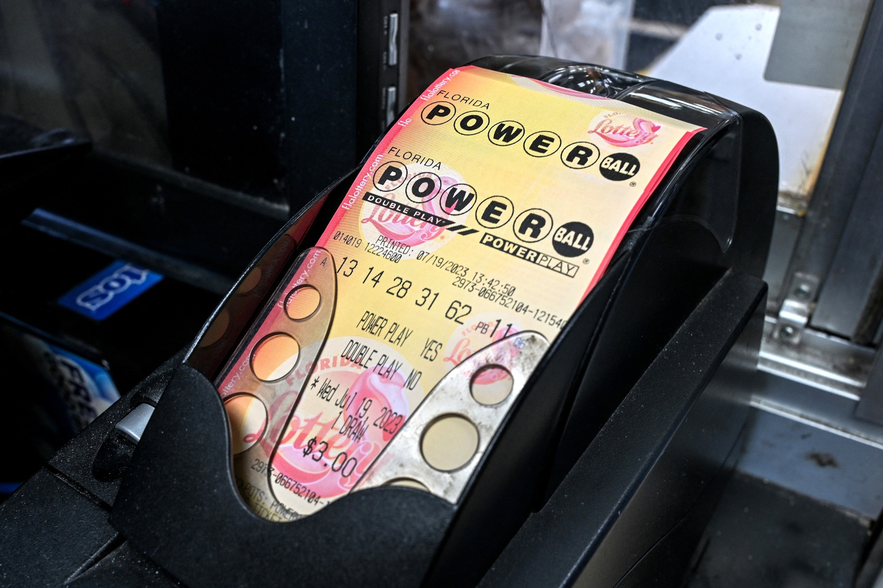 PHOTO: Powerball lottery tickets pictured inside a store in Homestead, Fla., July 19, 2023.