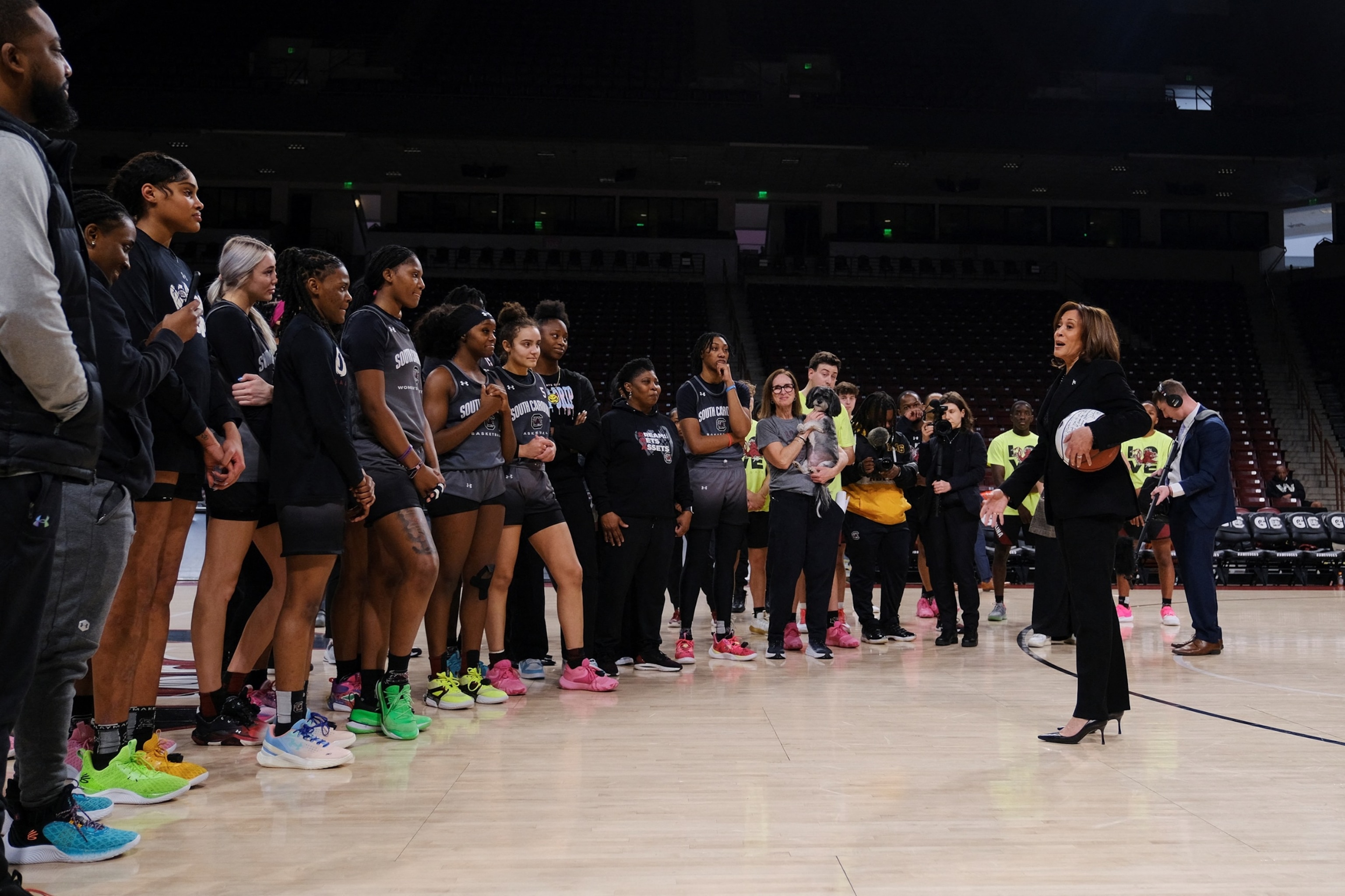 PHOTO: Vice President Kamala Harris visits the currently number 1 ranked women's NCAA basketball team South Carolina Gamecocks, in Columbia, South Carolina, on Jan. 15, 2024. 