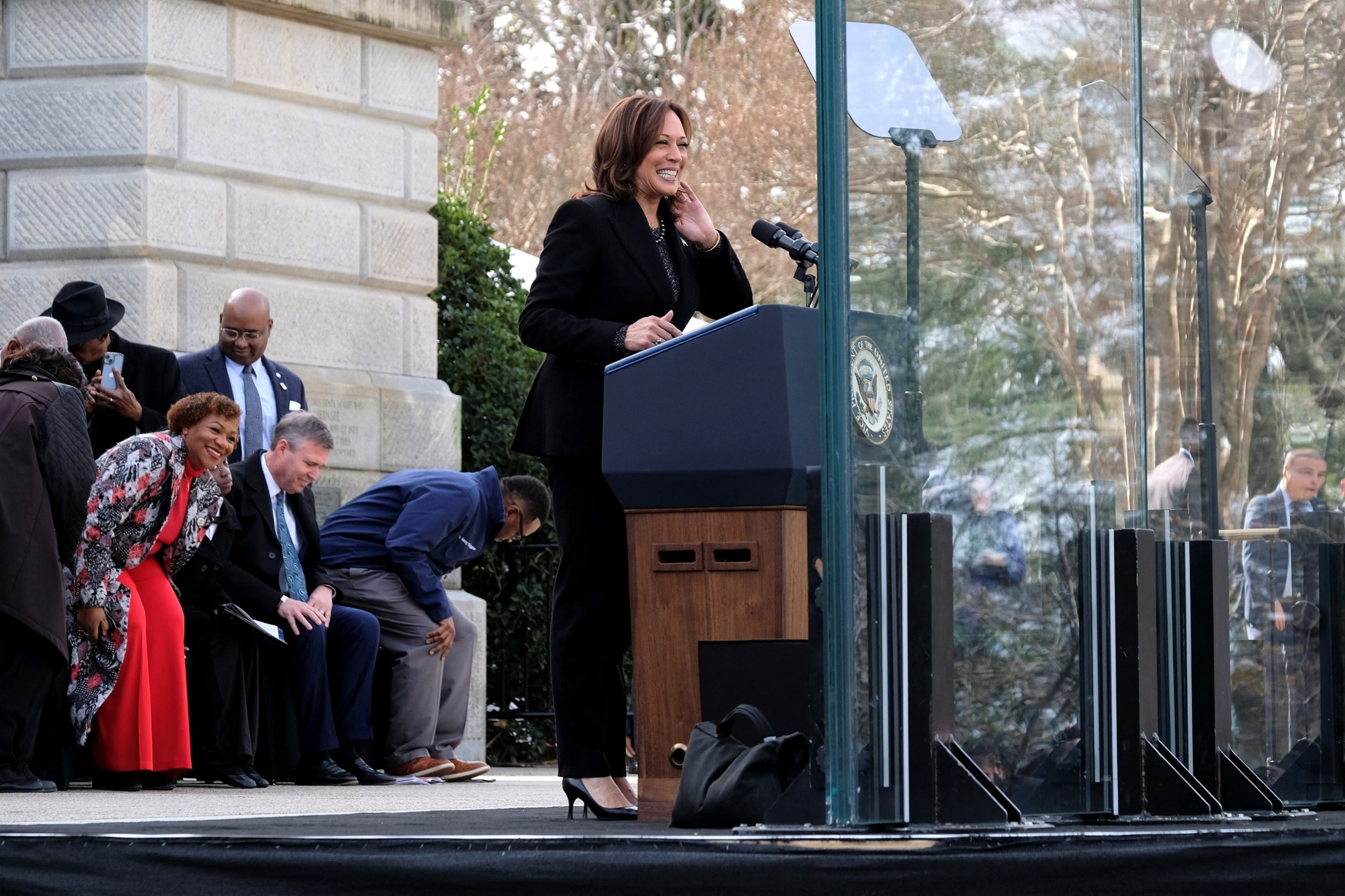 PHOTO: Vice President Kamala Harris speaks outside the South Carolina State House in Columbia, South Carolina, on Jan. 15, 2024. 