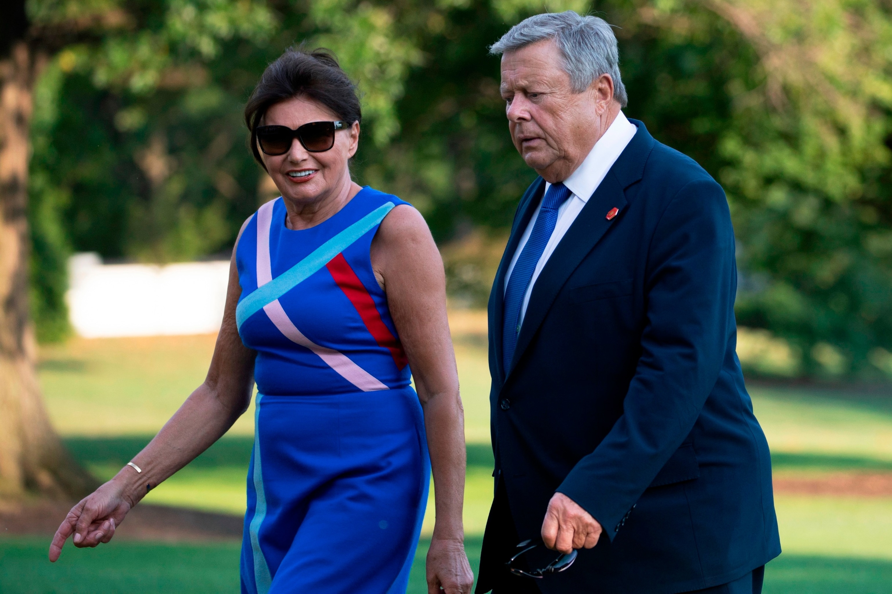 PHOTO: Former first lady Melania Trump's parents Viktor and Amalija Knavs arrive at the White House in Washington, Aug. 18, 2019, as they return from Bedminster, N.J., with former President Donald Trump, Melania and their son Barron Trump.