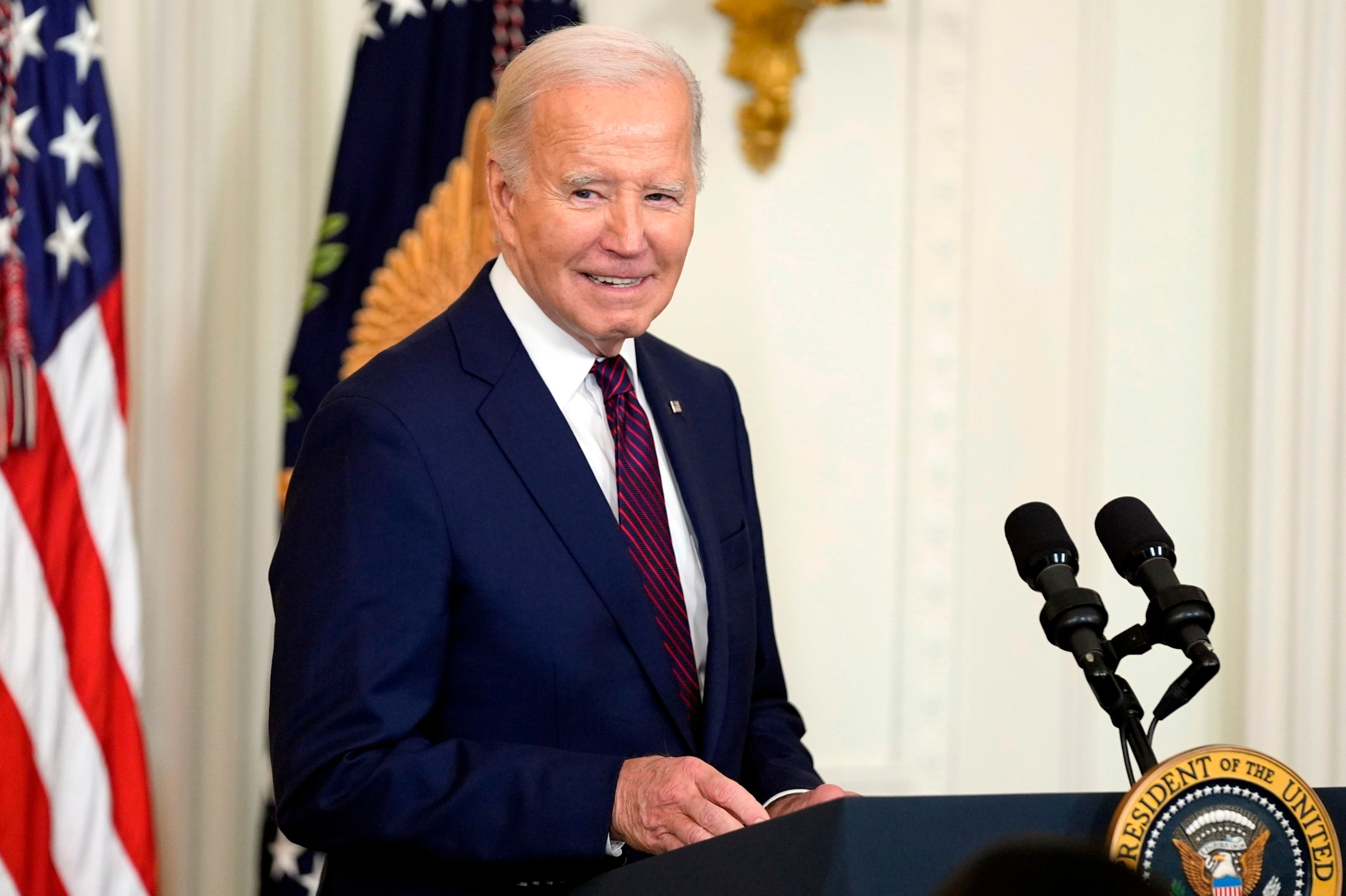 PHOTO: President Joe Biden speaks in the East Room during an event to welcome mayors attending the U.S. Conference of Mayors Winter Meeting to the White House, Jan. 19, 2024, in Washington.